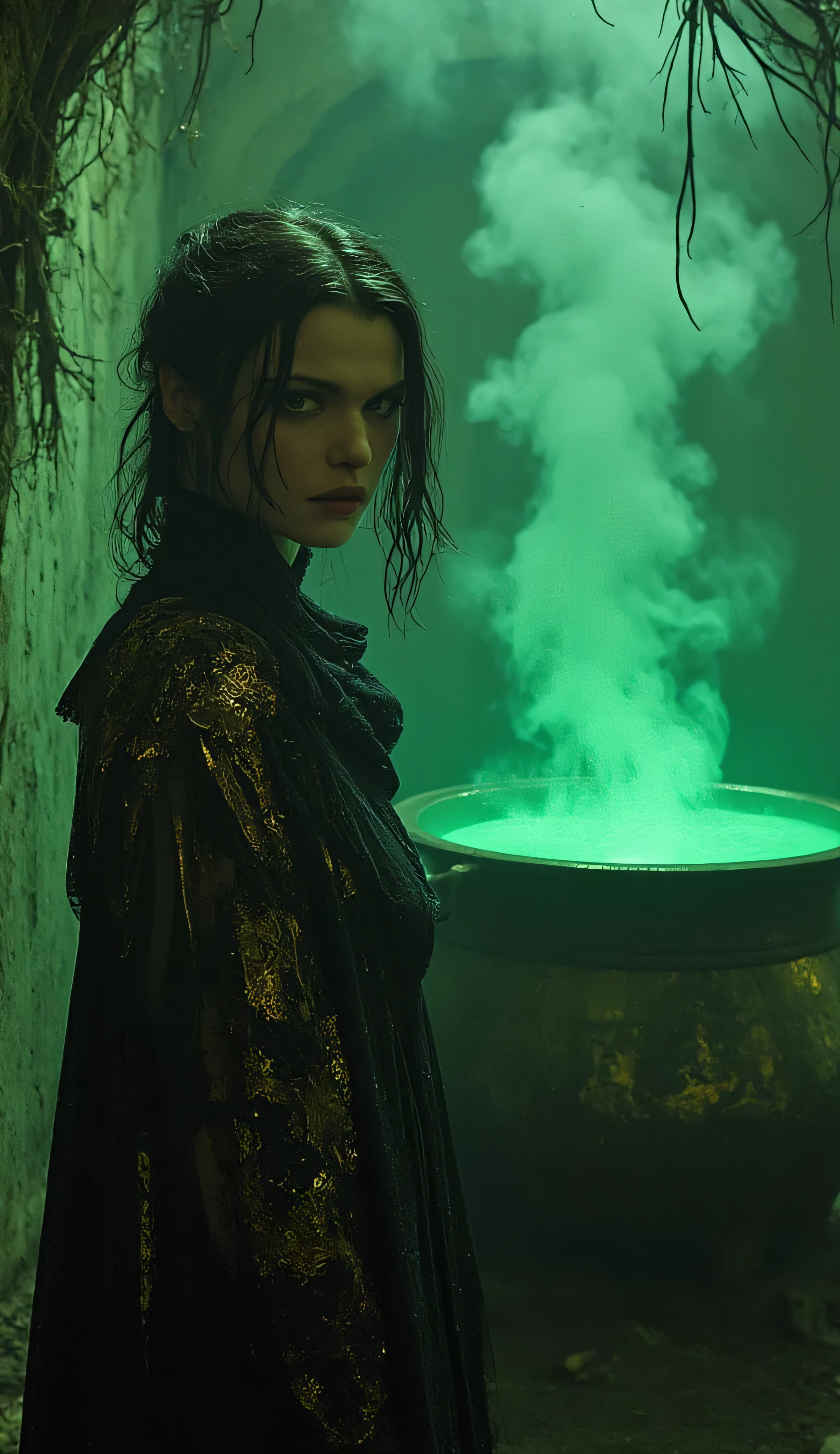 Rachel Weisz as Medea, Hades, cowboy shot, dark sorceress, standing, before bubbling cauldron filled with glowing green liquid, black and gold robes, elegant but tattered at the edges, her eyes reflect eerie intelligence, decayed alchemy chamber, walls covered in faintly pulsating runes, roots creeping from the ceiling, green mist rises from the cauldron, dim and sickly lighting, illuminated only by the cauldron’s glow, tense psychological and otherworldly atmosphere, occult horror, surreal dreamlike elements, inspired by Silent Hill, Lovecraftian dread, dark fantasy art, cinematic lighting, ultra-detailed, painted texture, volumetric smoke