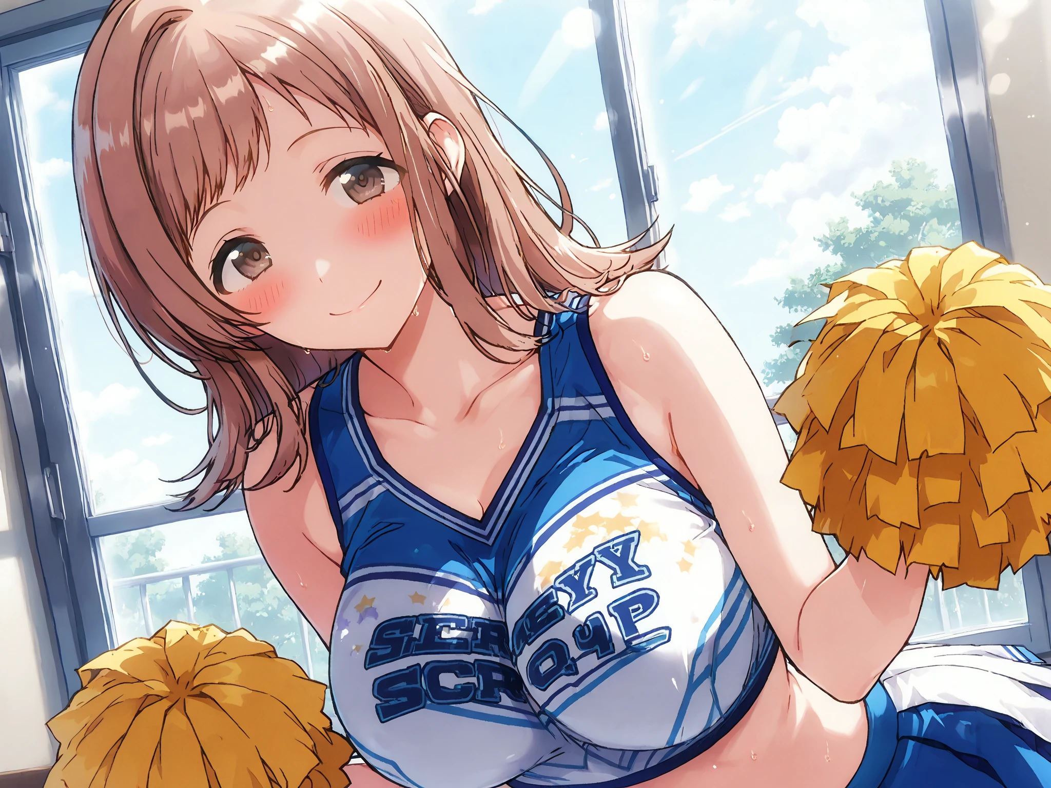 (High quality, High resolution, Fine details), baseball field, Blue Cheerleader, paw pose, solo, curvy adult women, light brown hair, sparkling eyes, (Detailed eyes:1.2), fox ears, smile, blush, (Sweat), (Oily skin), vibrant colors, cinematic lighting, Bokeh, Soft tones, shallow depth of field