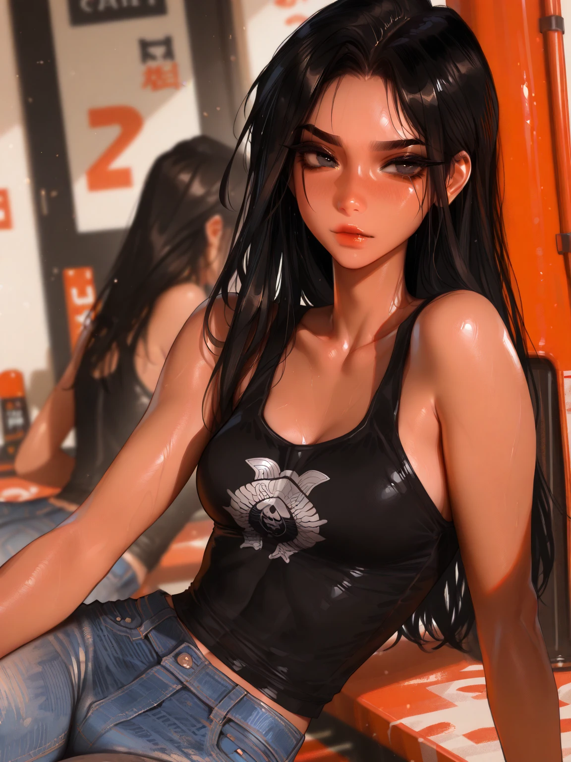 (masterpiece), best quality, expressive eyes, perfect face, nightclub background), (standing), (smirk), (closeup view), (1girl, vanessa alessia, dark skin, tanned skin, brown hair, wavy hairstyle, brown eyes, hourglass figure, thin body, skinny body, petite_body, medium breasts, thick thighs, long fingernails, ,white shorts, cheetah print corset,  straps, hoop earrings, miscellaneous jewelry, slutty)) (grabbing own ass)