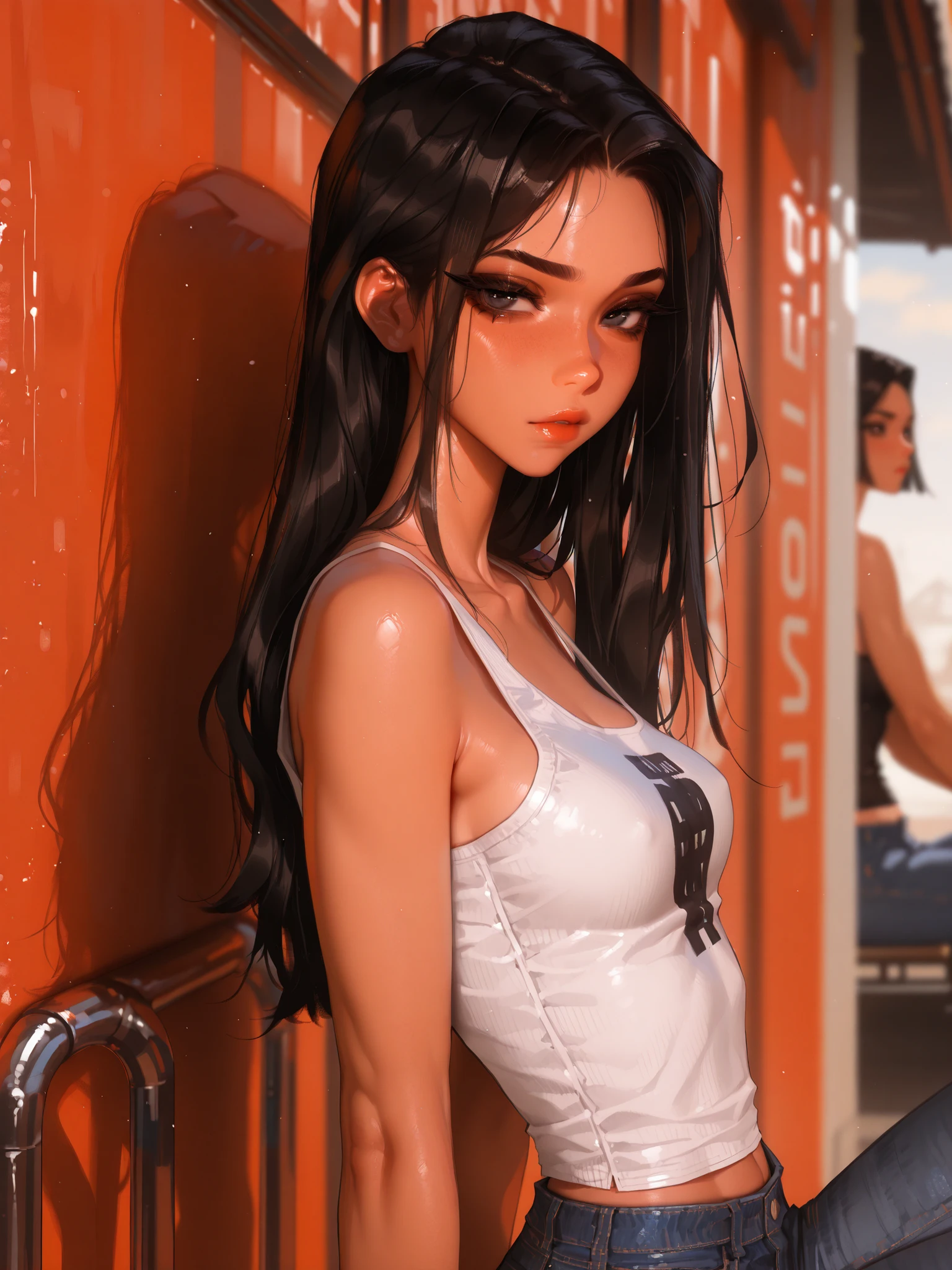 (coconeyx), skinny, masterpiece, best quality, very aesthetic, movie quality, depth of field,soft saturation, focused subject, official style,  black eyes, thin hair, hair down, medium black hair, (parted hair), forehead, wide eyelashes, light eyelids, curved eyebrows, shirow masamune,  sam yang style, jeans, tanktop, hair behind ears, small breasts, 