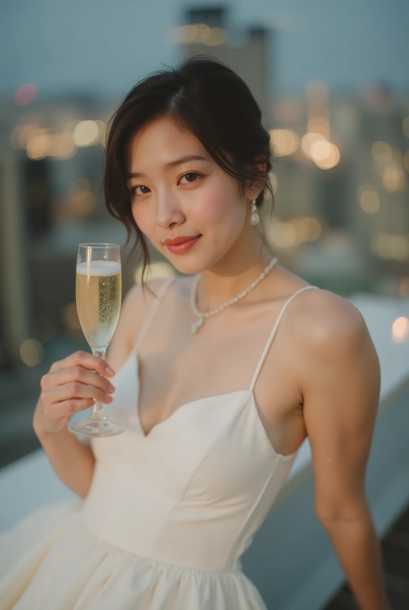 20 year old Japanese woman, beautiful face, elegant side-swept hair, slim figure, evening cocktail dress, champagne toast pose, sophisticated smile, luxury rooftop bar, city lights backdrop, evening atmosphere, 50mm lens, celebration composition, festive mood, evening blacks with city light highlights, masterpiece, best quality, highly detailed, lifestyle photography,(realistic)