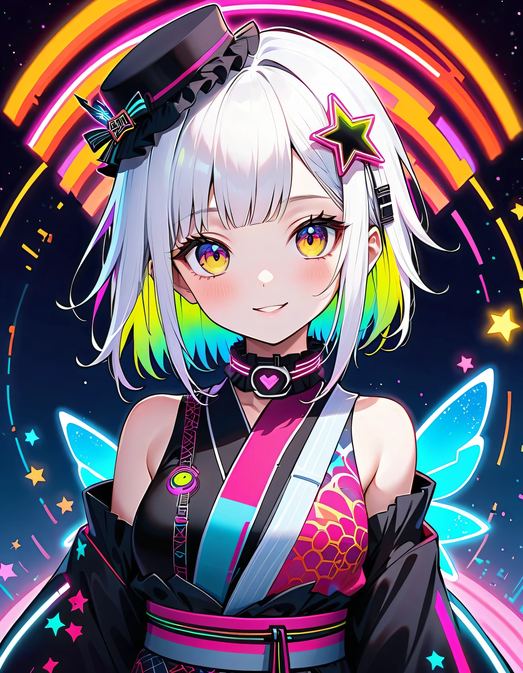 cute young girl , best details, cute face,cute smile、 Beautiful appearance, ((Shiny Milky White Hair,unique and cute hairstyles)) 、beautiful attention to detail,(((Cyberpunk and kimono fusion)))、((neonカラーパレット)), ((neonカラースターチョーカー)), ((Ruffles on the collar )), ((Wear a cute cyberpunk kimono)), ((Protruding shoulders, long wide cuffs)), ((space-like fashion pattern)), (( Star Fairy)), ((wear a colorful and cute gothic kimono costume)), smile, smile, cutest girl in the world, star background, best details , Rainbow Hair Ornament, virtual YouTuber character design, neon, shines, Sparkling、太目のneonカラーアウトライン、(((wearing a small silk hat)))、