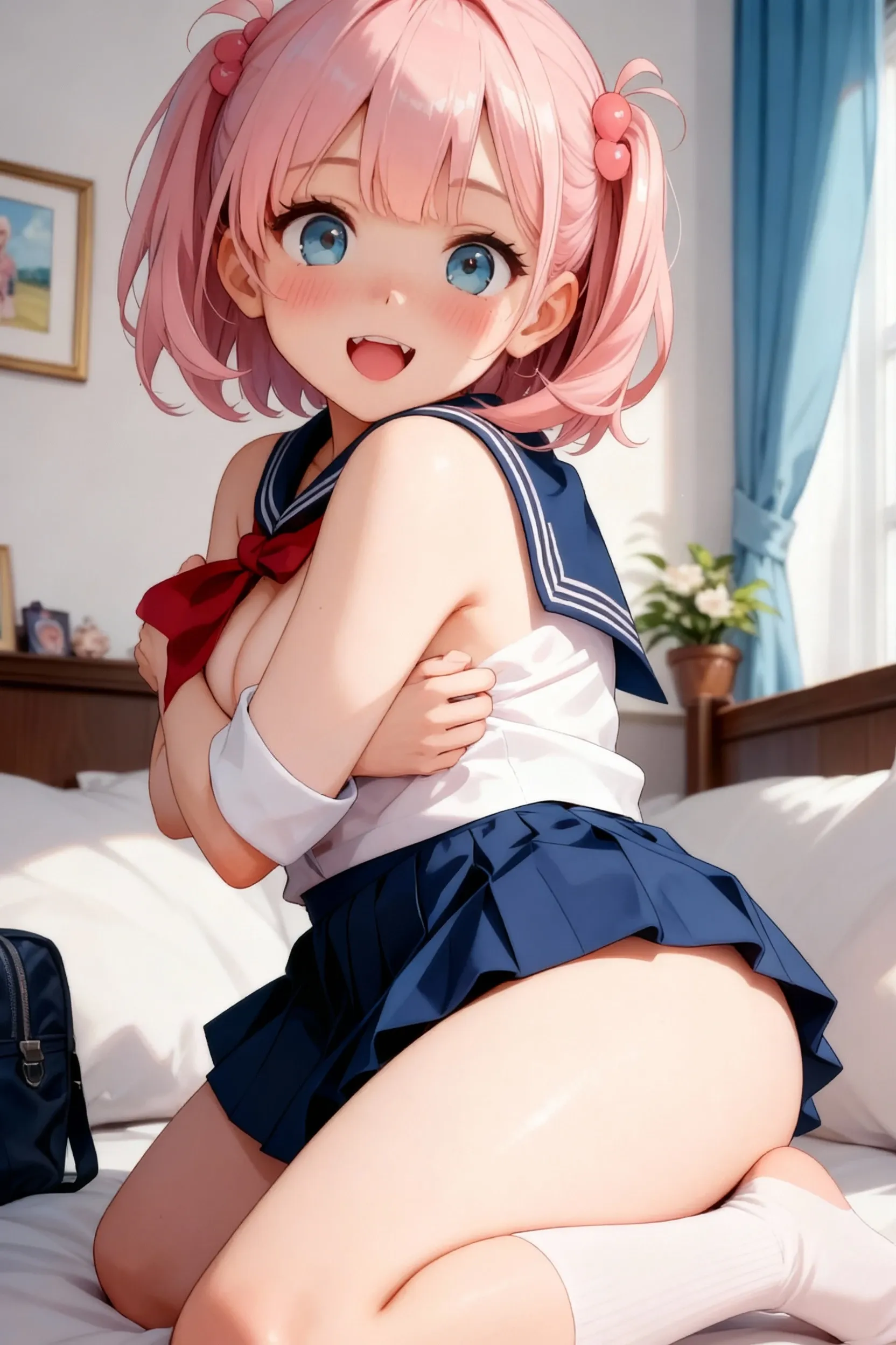 full body shot, (highest quality:1.2), Very detailed, up to date, Ultra-high resolution, High Contrast, masterpiece:1.2, highest quality, Best aesthetics, beautiful detailed face, (Highly detailed skin:1.2), ????, 1 lady, solo, ??????,  crying:, drooling, steam from ?????, beautiful green eyes, (???????:1.5), Pubic hair, clear ???????????:, showing pubic area:, cleavage,  half opened mouth, kneeing on a bed, ???????????, thin thighs, crop top white shirt:, sleeveless:, Sailor uniform, (tiny micro mini skirt:1.3), red ribbon tie, blue sailor collar, side ponytail, long legs ,short torso, anatomically correct, , cinematic lighting, Bright colors and mesmerizing effects, soft and delicate illumination, gentle shine, beautiful photorealistic detailed hair