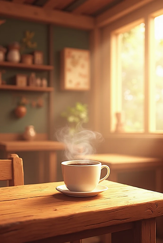 Create a picture of a wooden coffee shop with a light haze, a hot cup of coffee on a wooden table in cartoon style