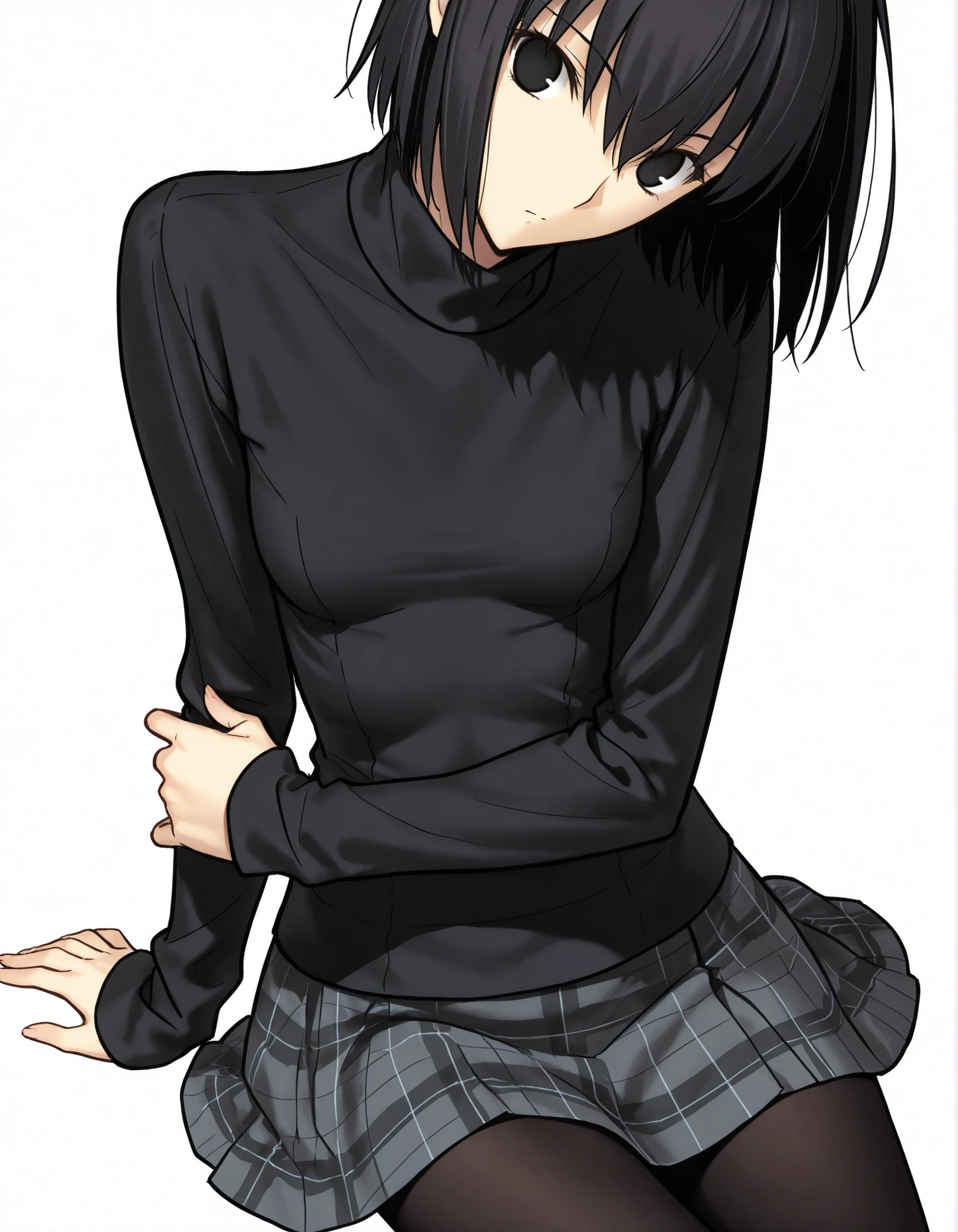 masterpiece, , absurdres, highres, detailed background, high resolution, necessary, detail, best quality, quality, details, High details, Precise, 8k, (flat color),(white background, simple background) , from above, cowboy shot,
1girl, solo, (type-moon,) style, koyama hirokazu style, (aged up:1.2) , , sitting, (yokozuwari),(head tilt), ,
tall girl, ,long arms,(slim body, ),<lora:alice kuonji:1> , <lora:witch on the holy night style:1> ,girl, , ,kuonji alice ,black hair ,short hair ,hair between eyes ,black eyes, , (no pupil), , Alice_Casual, black sweater, turtleneck, grey plaid skirt, small , black pantyhose, hold own arm, ,looking at viewer, small breasts, ,