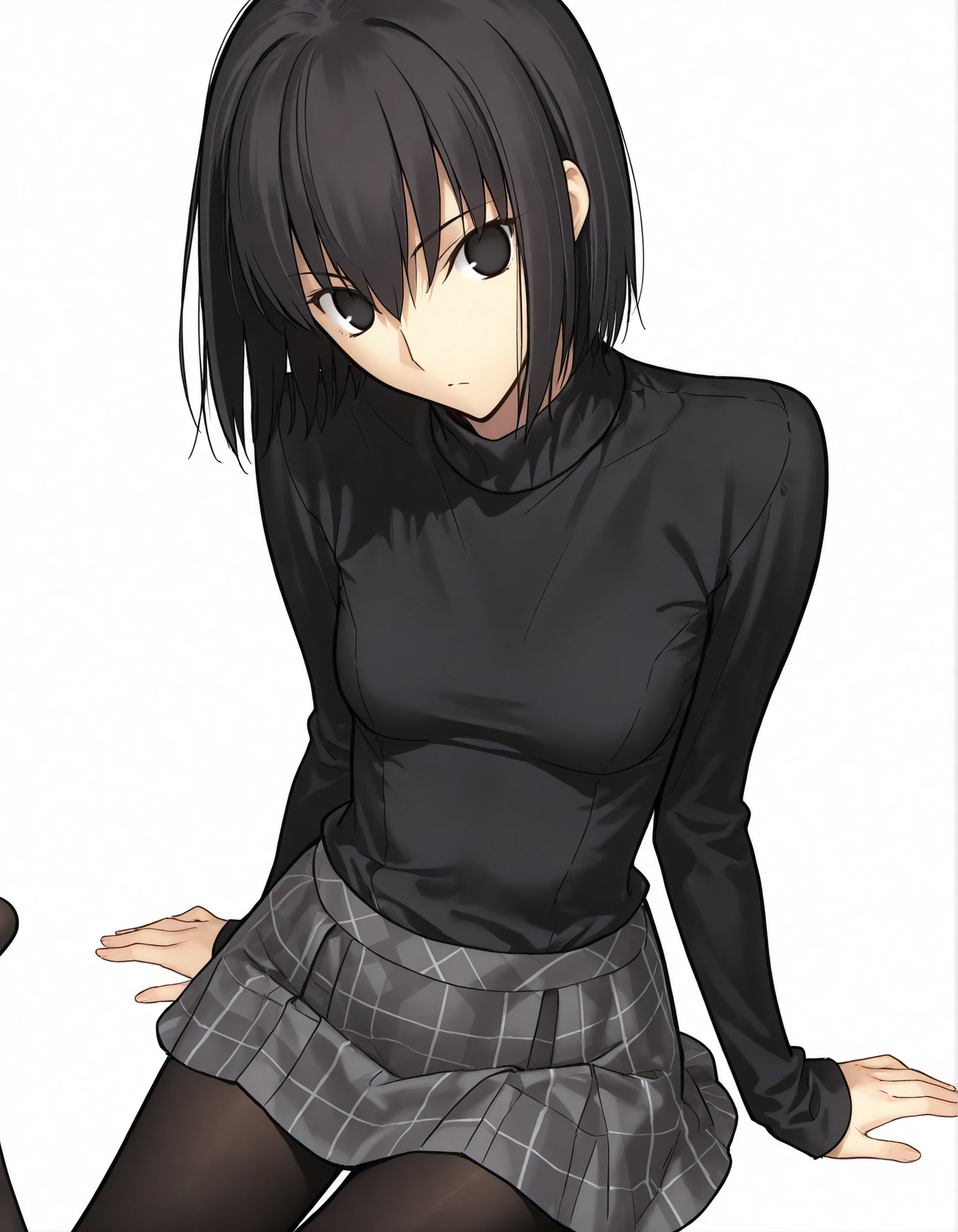 masterpiece, , absurdres, highres, detailed background, high resolution, necessary, detail, best quality, quality, details, High details, Precise, 8k, (flat color),(white background, simple background) , from above, cowboy shot,
1girl, solo, (type-moon,) style, koyama hirokazu style, (aged up:1.2) , , sitting, (yokozuwari),(head tilt), ,
tall girl, ,long arms,(slim body, ),<lora:alice kuonji:1> , <lora:witch on the holy night style:1> ,girl, , ,kuonji alice ,black hair ,short hair ,hair between eyes ,black eyes, , (no pupil), , Alice_Casual, black sweater, turtleneck, grey plaid skirt, small , black pantyhose, cute posing, ,looking at viewer, small breasts, ,