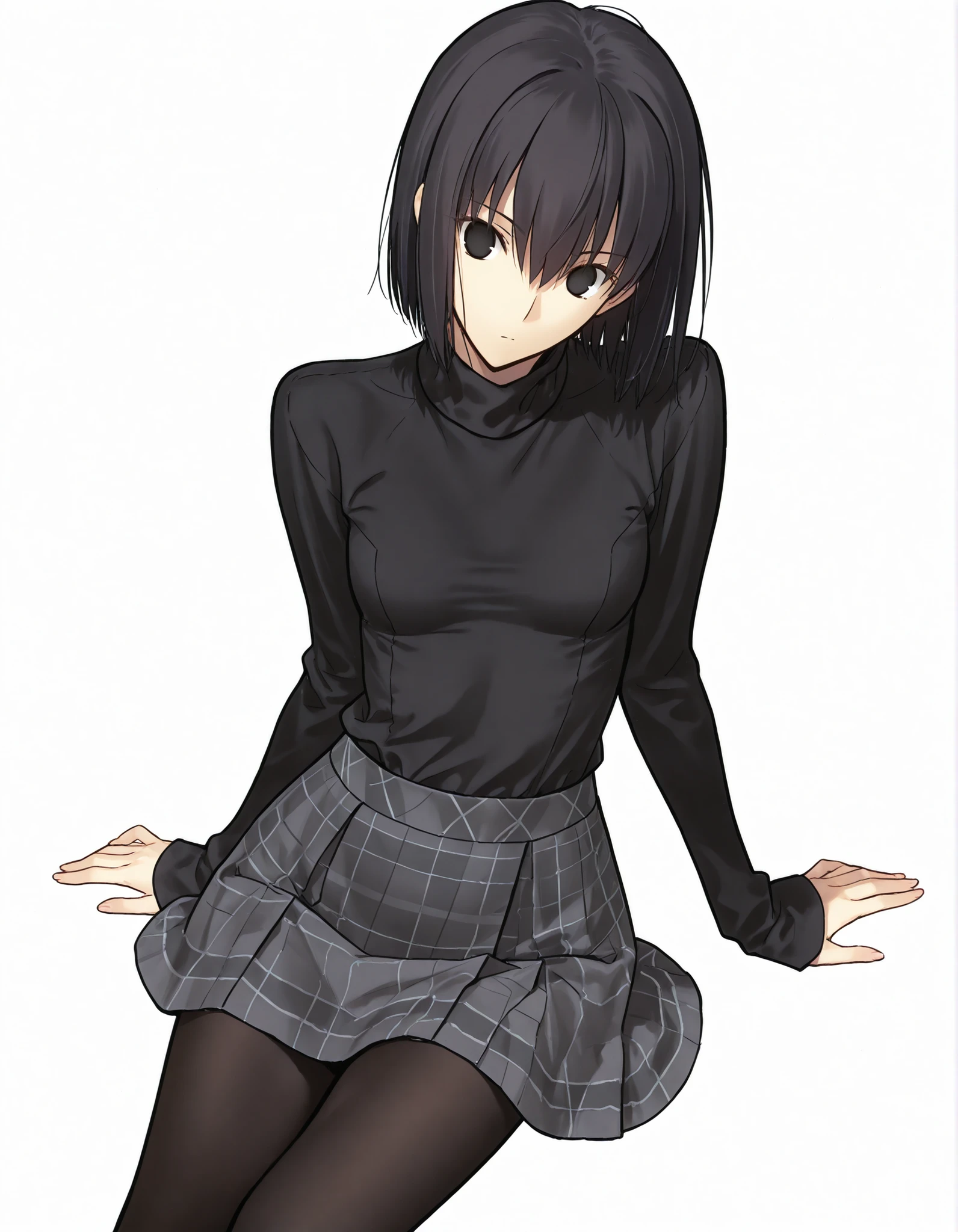 masterpiece, , absurdres, highres, detailed background, high resolution, necessary, detail, best quality, quality, details, High details, Precise, 8k, (flat color),(white background, simple background) , from above, cowboy shot,
1girl, solo, (type-moon,) style, koyama hirokazu style, (aged up:1.2) , , sitting, (yokozuwari),(head tilt), ,
tall girl, ,long arms,(slim body, ),<lora:alice kuonji:1> , <lora:witch on the holy night style:1> ,girl, , ,kuonji alice ,black hair ,short hair ,hair between eyes ,black eyes, , (no pupil), , Alice_Casual, black sweater, turtleneck, grey plaid skirt, small , black pantyhose, cute posing, ,looking at viewer, small breasts, ,