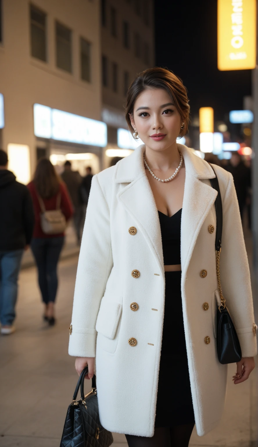 Close-up shot of two beautiful high school girls with huge breasts opening their long fur coats and showing off their huge breasts that are about to fall out of their winter uniforms while shopping in a downtown area on a snowy night. Short hair pinned up and knitted hats.