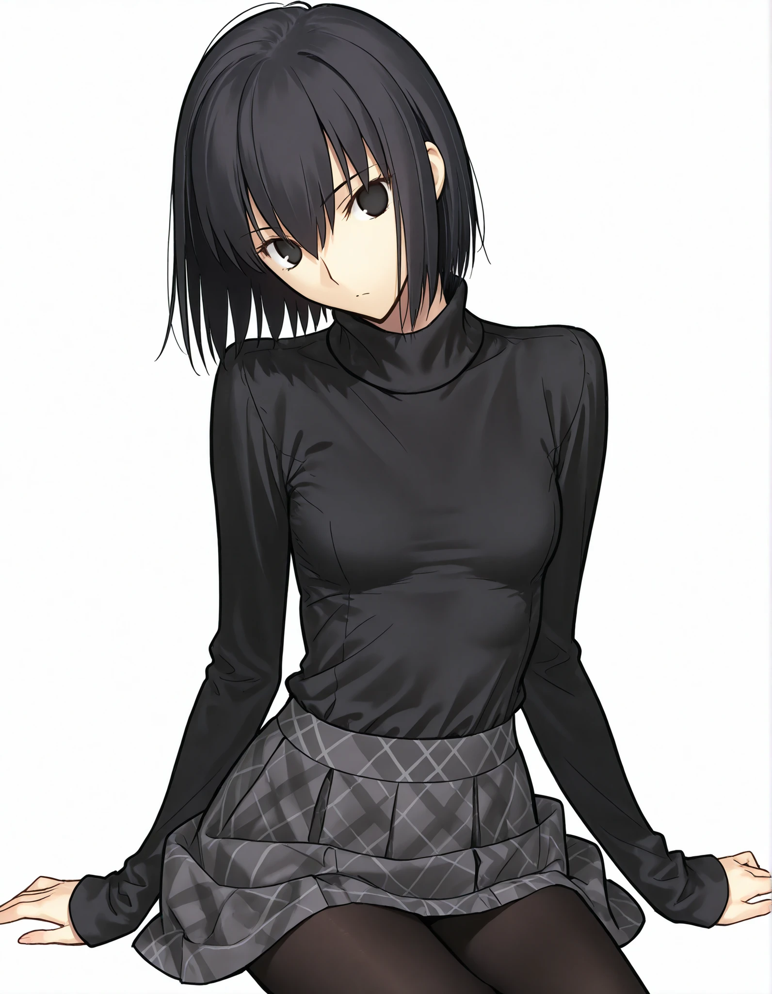 masterpiece, , absurdres, highres, detailed background, high resolution, necessary, detail, best quality, quality, details, High details, Precise, 8k, (flat color),(white background, simple background) , from above, cowboy shot,
1girl, solo, (type-moon,) style, koyama hirokazu style, (aged up:1.2) , , sitting, (yokozuwari),(head tilt), ,
tall girl, ,long arms,(slim body, ),<lora:alice kuonji:1> , <lora:witch on the holy night style:1> ,kuonji alice ,black hair ,short hair ,hair between eyes ,black eyes, , (no pupil), , Alice_Casual, black sweater, turtleneck, grey plaid skirt, small , black pantyhose, cute posing, ,looking at viewer, small breasts, skirt lift,
