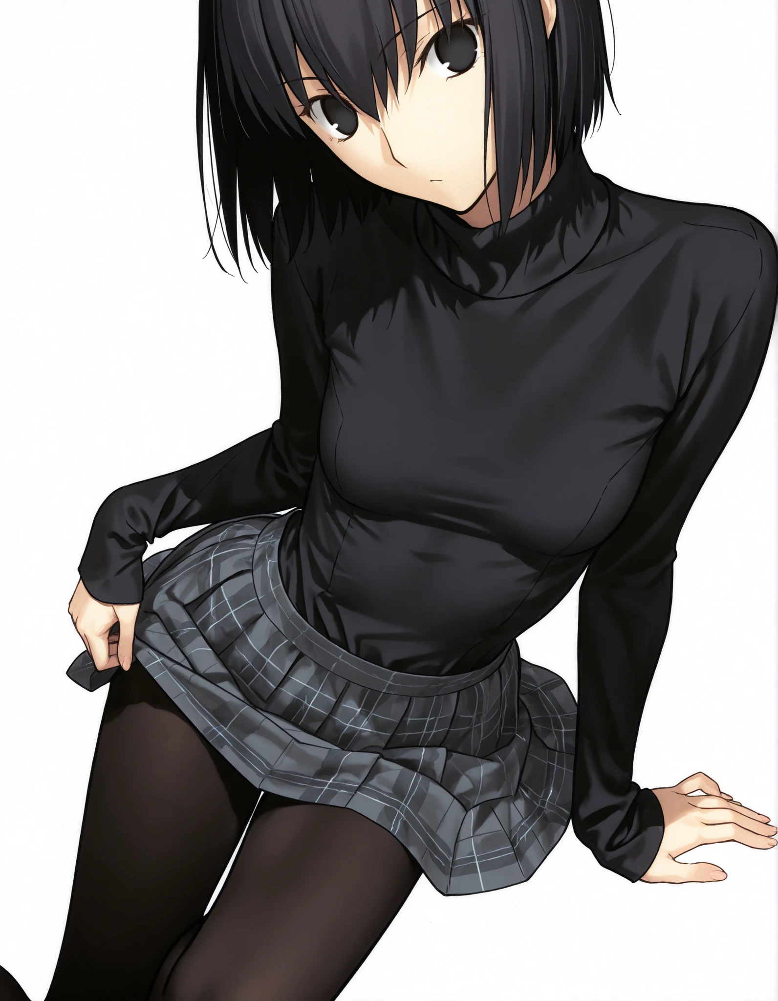 masterpiece, , absurdres, highres, detailed background, high resolution, necessary, detail, best quality, quality, details, High details, Precise, 8k, (flat color),(white background, simple background) , from above, cowboy shot,
1girl, solo, (type-moon,) style, koyama hirokazu style, (aged up:1.2) , , sitting, (yokozuwari),(head tilt), bent over, knee up,
tall girl, ,long arms,(slim body, ),<lora:alice kuonji:1> , <lora:witch on the holy night style:1> ,kuonji alice ,black hair ,short hair ,hair between eyes ,black eyes, , (no pupil), , Alice_Casual, black sweater, turtleneck, grey plaid skirt, small , black pantyhose, cute posing, ,looking at viewer, small breasts, skirt lift,