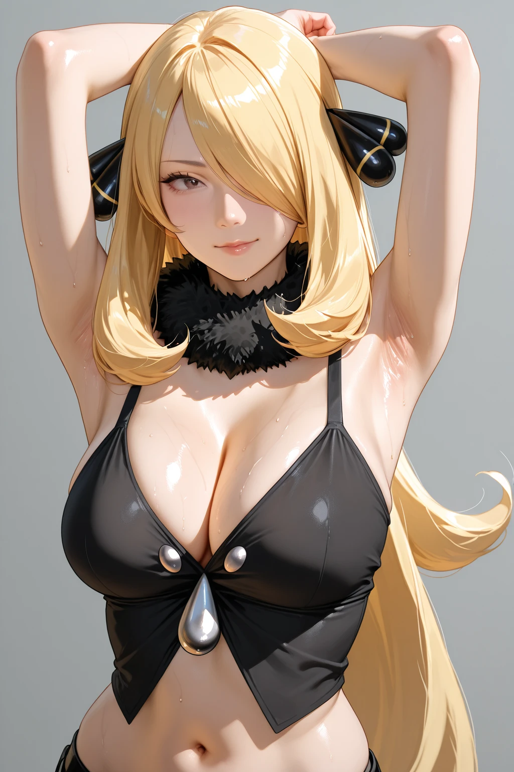 alone、Hair on one eye、Big Breasts,Cynthia,Blonde,No text,White background