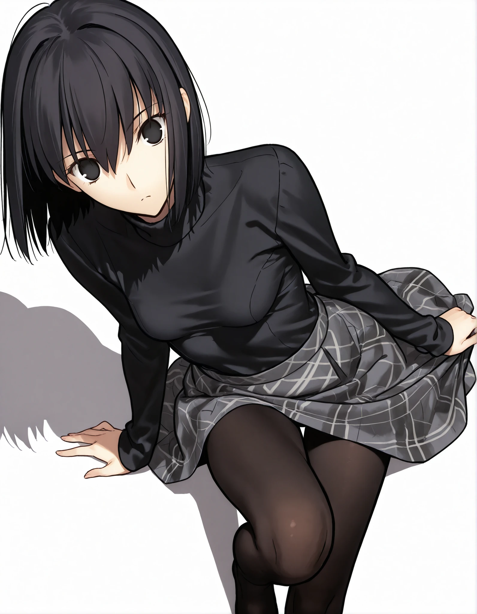 masterpiece, , absurdres, highres, detailed background, high resolution, necessary, detail, best quality, quality, details, High details, Precise, 8k, (flat color),(white background, simple background) , from above, cowboy shot,
1girl, solo, (type-moon,) style, koyama hirokazu style, (aged up:1.2) , , sitting, (yokozuwari),(head tilt),((bent over, knee up)),
tall girl, ,long arms,(slim body, ),<lora:alice kuonji:1> , <lora:witch on the holy night style:1> ,kuonji alice ,black hair ,short hair ,hair between eyes ,black eyes, , (no pupil), , Alice_Casual, black sweater, turtleneck, grey plaid skirt, small , black pantyhose, cute posing, ,looking at viewer, small breasts, skirt lift,
