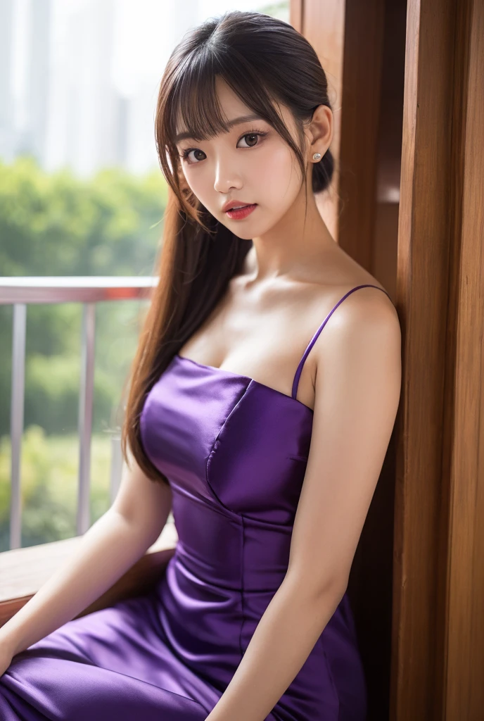 25-year-old girl, Vestido morado, hombros descubiertos cabello largo collares forma de cruz, hermosa, con alas, ojos grandes de fondo