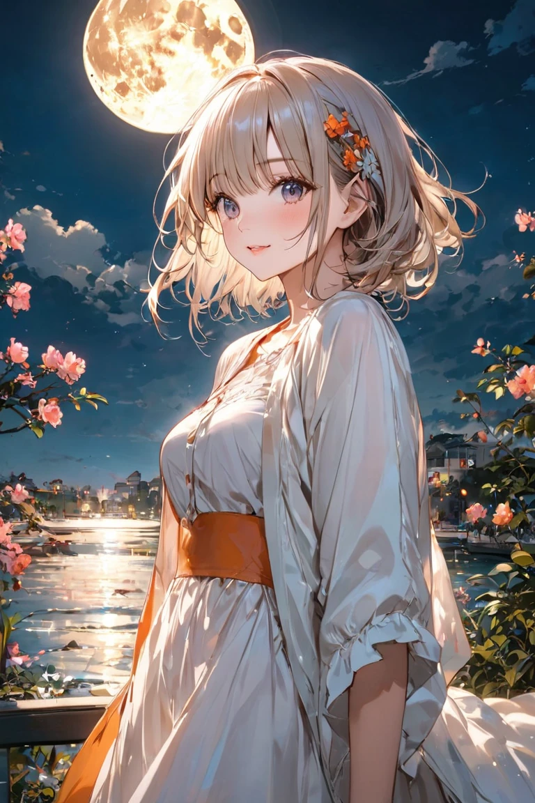 beautiful girl, long grey hair, beautiful face,smiling,close up to hips, beautiful breast, in the middle of flowers field, (open mouth:0.4),illustration,detailed textures(realists),ultra-detailed,portrait style,vivid colors,soft lighting, blushing, mature, hair fluttering, evening light , head band, half body, looking at viewer, cleavages, wearing beautiful night  sleepwear, , perky, sweaty, wet clothes