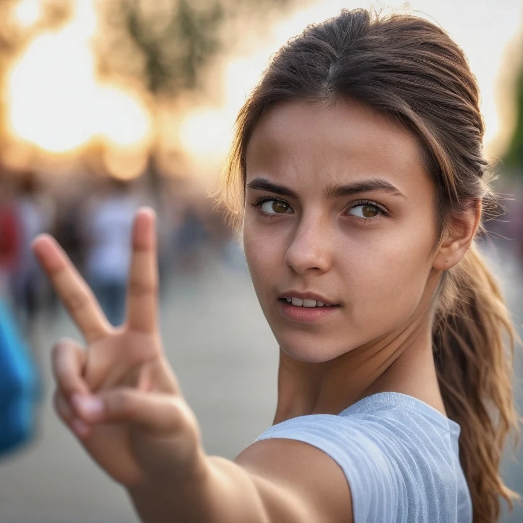 photo of a 18 year old girl,rock paper scissors,happy,looking at viewer,shirt,pants,outdoor,windy,street,crowded,new york,ray tracing,detail shadow,shot on Fujifilm X-T4,85mm f1.2,depth of field,blurry background,bokeh,motion blur,<lora:add_detail:1>,