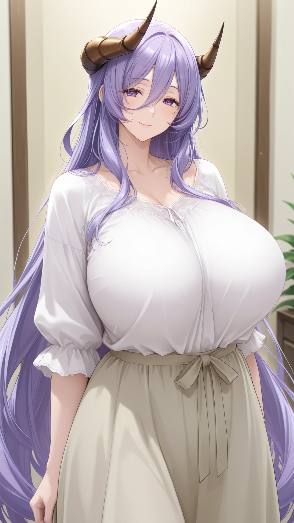 1 girl, mature, very long hair, violet hair, giant , brown horns, casual clothes, standing straight, smiling, looking at viewer