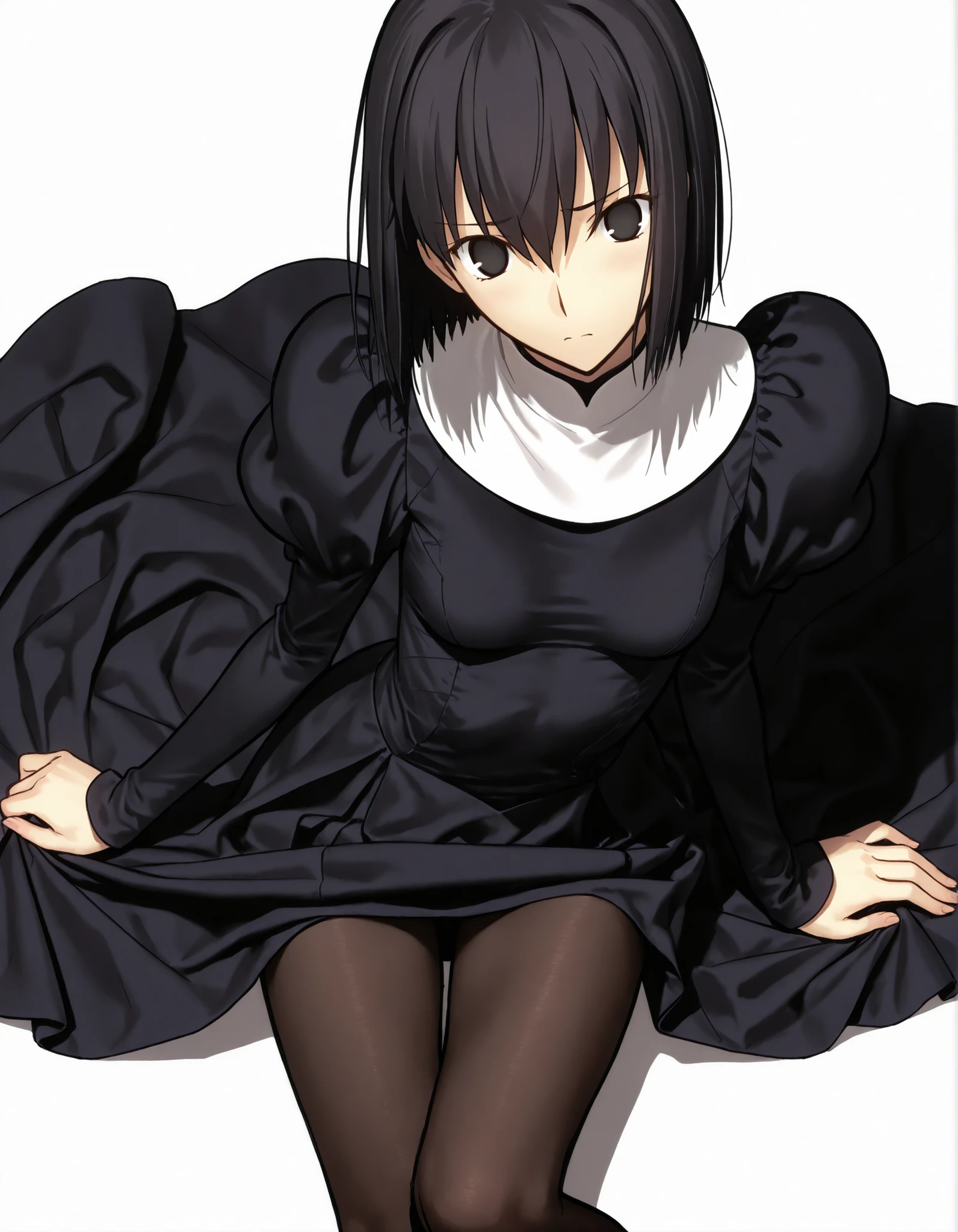 masterpiece, , absurdres, highres, detailed background, high resolution, necessary, detail, best quality, quality, details, High details, Precise, 8k, (flat color),(white background, simple background) , from above, cowboy shot,(leaning forward),
1girl, solo, (type-moon,) style, koyama hirokazu style, (aged up:1.2) ,sitting, (yokozuwari),(head tilt),(long legs), light embarrassed,
tall girl, ,long arms,(slim body, ),<lora:alice kuonji:1> , <lora:witch on the holy night style:1> ,kuonji alice ,black hair ,short hair ,hair between eyes ,black eyes, , (no pupil), , Alice_Uniform, black dress, long sleeves, juliet sleeves, habit, ,looking at viewer, small breasts, skirt lift,