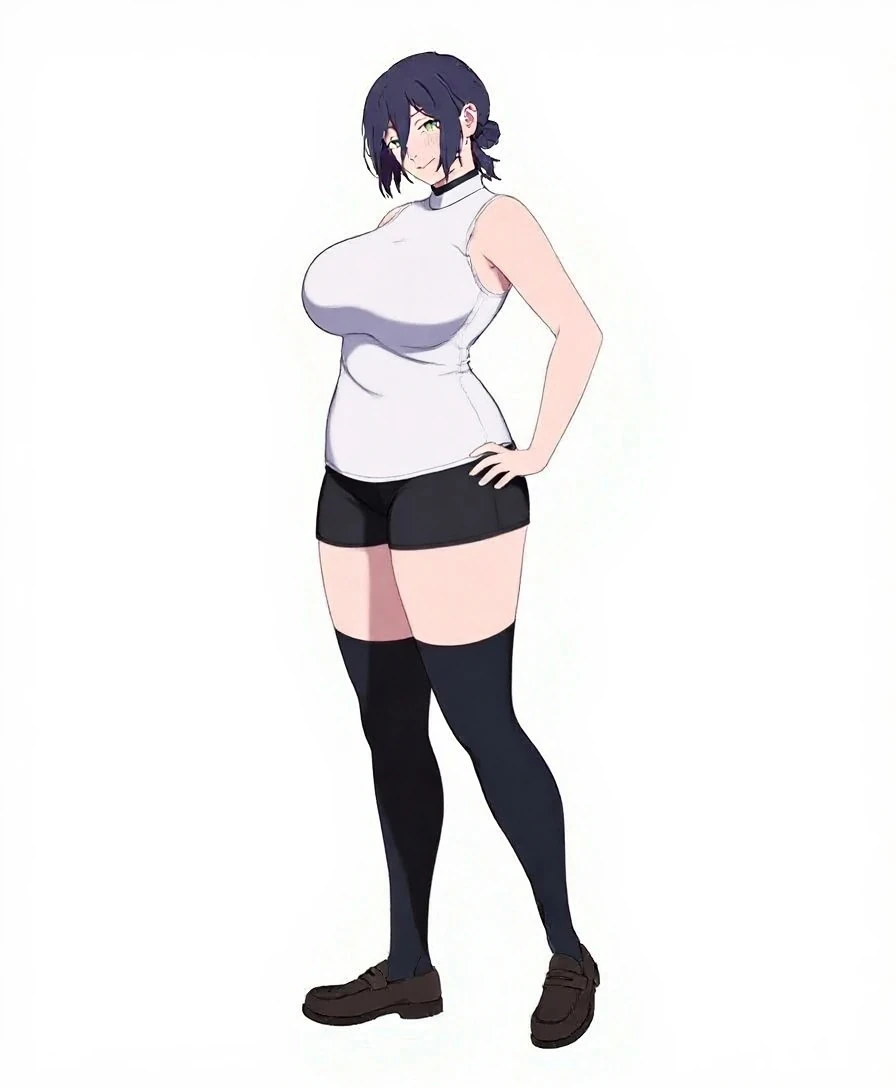 ((best quality, ultra-detailed, best illustration, best shadow, masterpiece, high res, professional artwork, famous artwork, anime drawing)), (1girl, solo), Reze, black spiked choker, hair between eyes, multicolor hair, black hair, short messy hair, fox ears, GothicC, (black hair:1.5, dyed hair, two-tone hair:1.3), black lipstick, black eyeliner, pale skin, outdoors, night, (((hair over eyes, bangs hair over eyes, bangs hair style))), ((((((extremely ???????????, extremely wide ????, extremely big ???, extremely big , extremely big ????, extremely big ???)))))), ((((wearing light blue jean shorts, jean shorts, extremely short loose white T-shirt, very short loose white T-shirt, red and black multi-striped thigh-high socks, red and black striped stockings socks, standing on toes, on toes, on tippy toes, feet position are shoulder length apart, feet positioned shoulder length apart)))), (in bedroom, standing in front of bed, standing, night time, backlit with moonlight, moonlight, Japanese themed room), (((looming over viewer, looking at viewer, standing directly over viewer, viewer looking up, viewer on found floor, viewer is on ground, view is on ground level))),