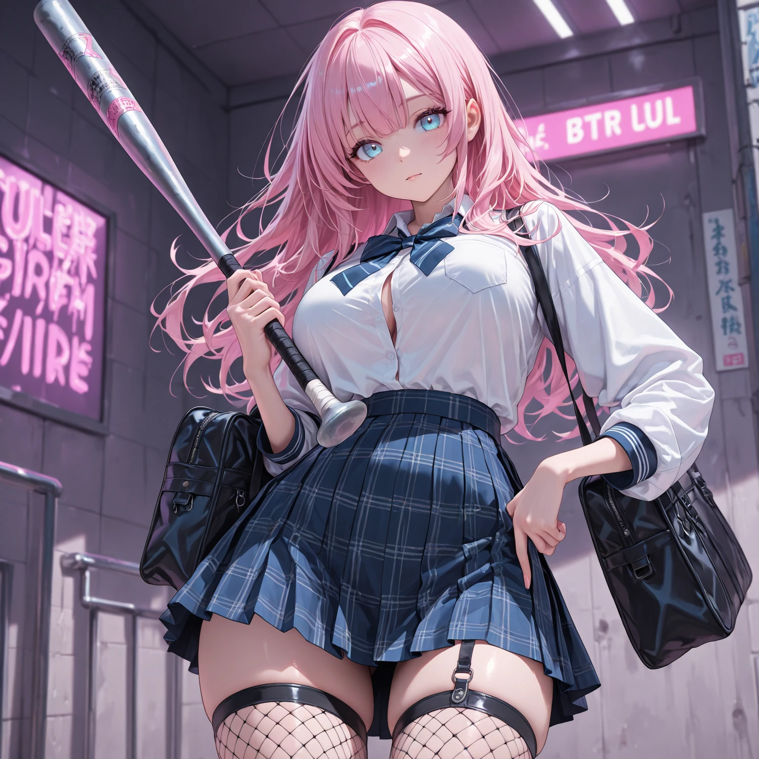 masterpiece, highest quality, pretty girl, 16 , Scrunchie hair ornament, Twin tails,denim pencil mini skirt,hoodie, Patterned stockings, Leg belt, necklace, skinny , Pink and black bra,((showing off lace panties)),sword,Japan holding a sword,Assassin