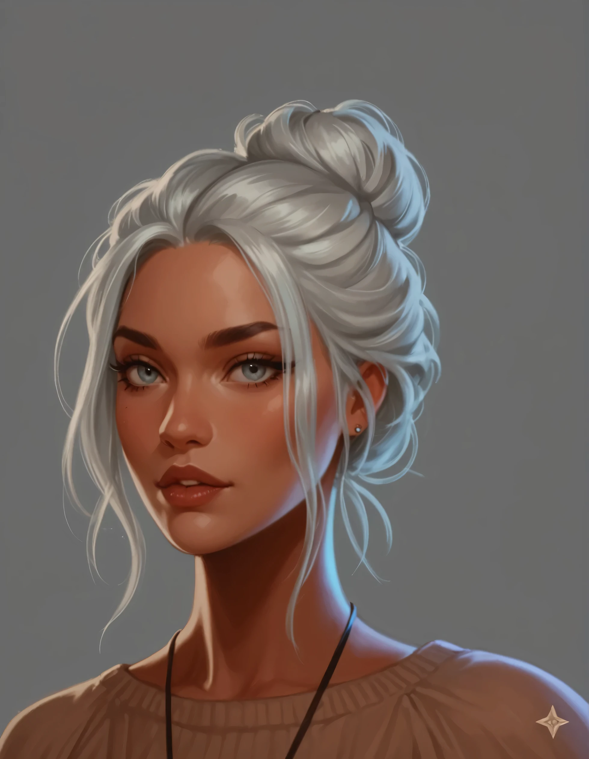 masterpiece, beautiful illustration, ultra details, girl, light gray hair, bun on the head, strands