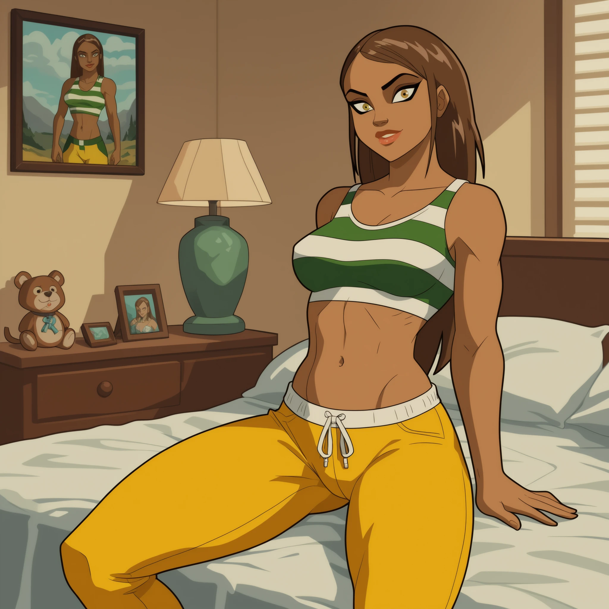 score_9_up, score_8_up, score_7_up, absurdres, masterpiece, HD, Catalina Leone, 1girl, dark skin, detailed eyes, thick lips, green and white stripped top, long hair, short top, navel, athletic body, yellow pants, smiling, large breasts, thick thighs, bedroom, cozy bedroom, vivid colors