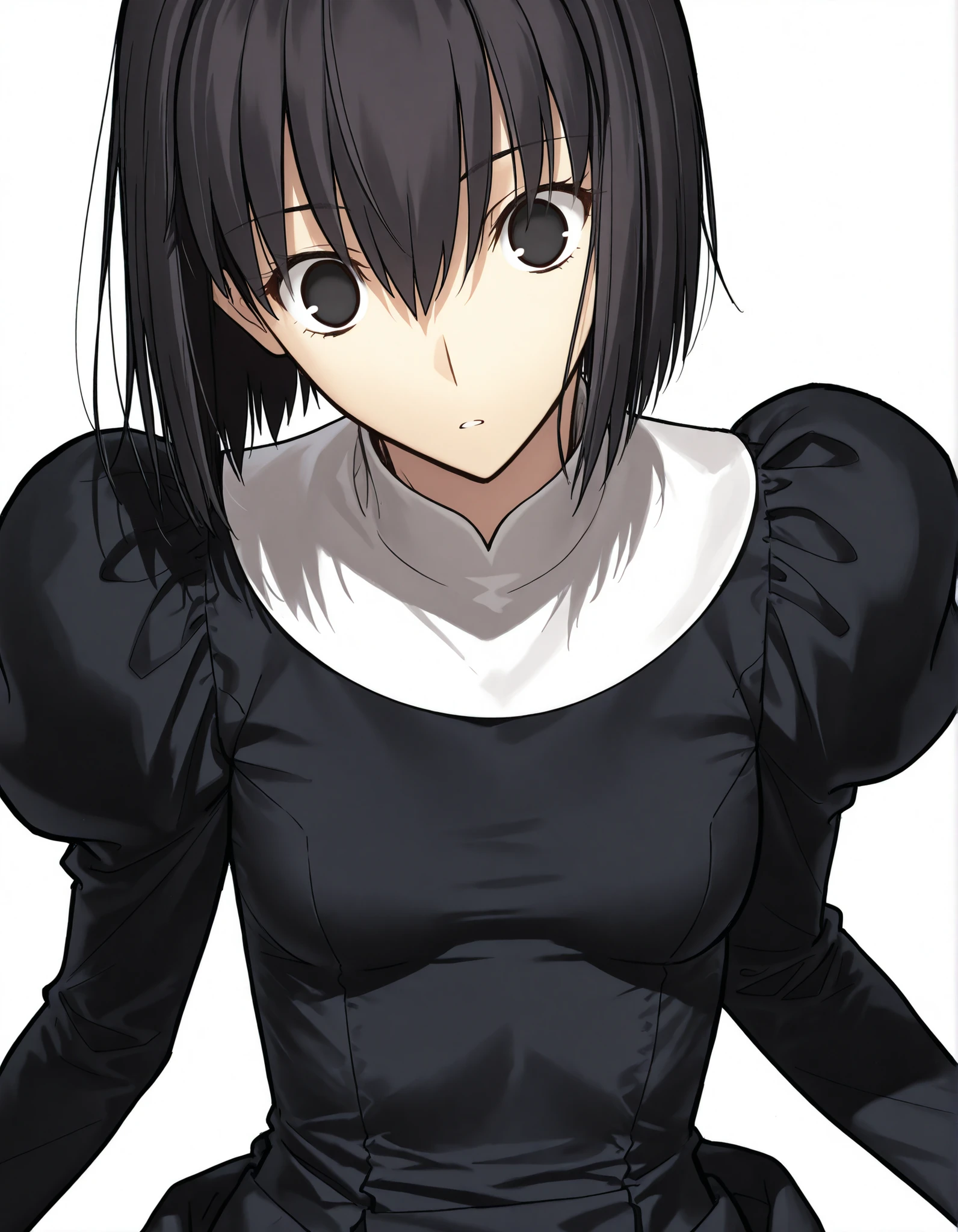 masterpiece, , absurdres, highres, detailed background, high resolution, necessary, detail, best quality, quality, details, High details, Precise, 8k, (flat color),(white background, simple background) , from above, upper body shot,(),
1girl, solo, (type-moon,) style, koyama hirokazu style, (aged up:1.2) ,sitting, (),(head tilt),(), wide-eyed,
tall girl, ,long arms,(slim body, ),<lora:alice kuonji:1> , <lora:witch on the holy night style:1> ,kuonji alice ,black hair ,short hair ,hair between eyes ,black eyes, , (no pupil), , Alice_Uniform, black dress, long sleeves, juliet sleeves, habit, ,looking at viewer, small breasts, ,