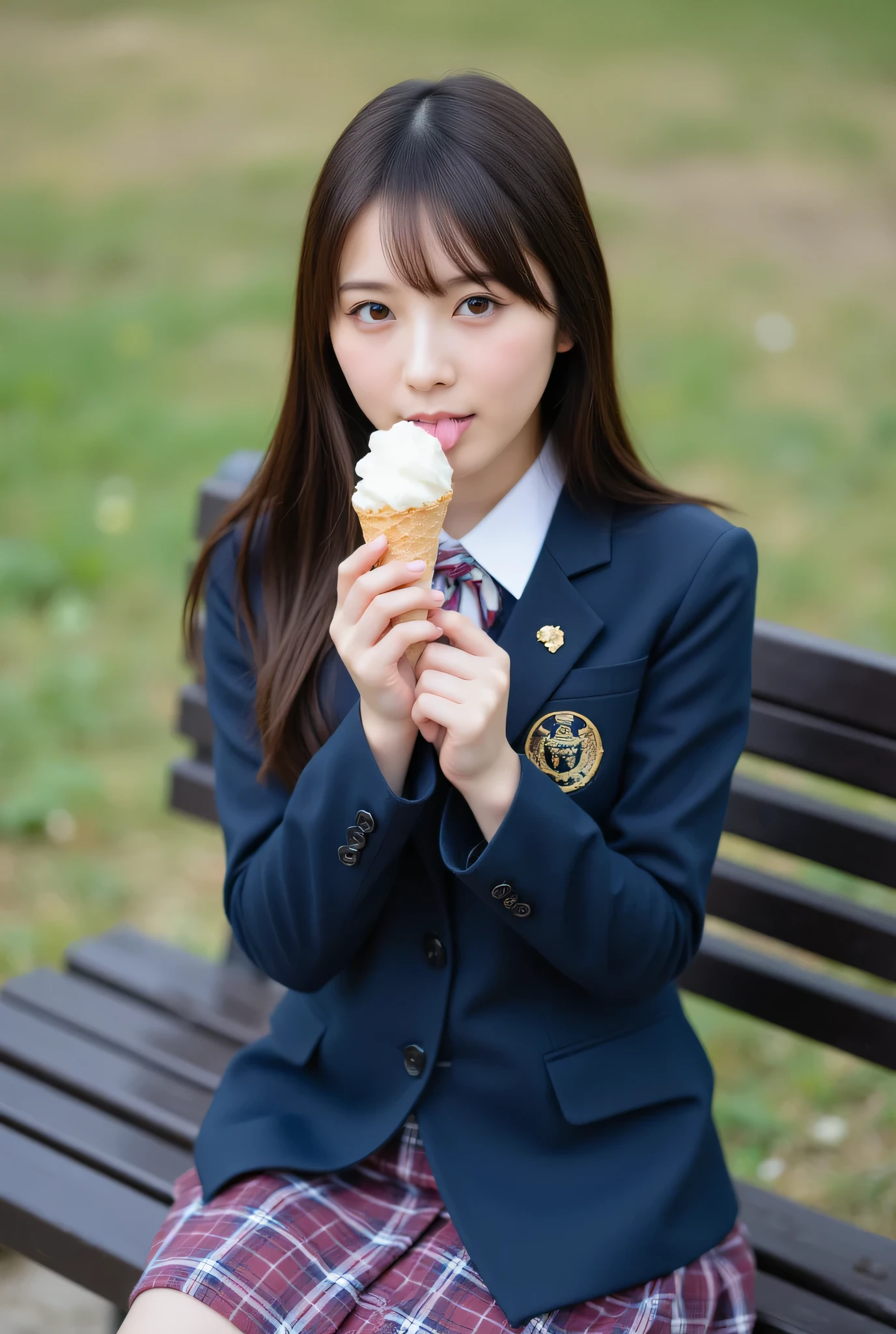 ultra detailed,8k,high resolution,beautiful detailed,high contrast,sharp focus, 50mm, f3,5,
best quality,super hyper realism,realistic,photorealism,(realistic skin:1.2),
japanese solo girl, no makeup, (from above:1,2), looking at viewer, straight-on cinematic portrait, shallow depth of field, ultra realistic, smile,
Japanese high school girl, navy blazer jacket with three buttons and tailored collar, white shirt underneath, chest ribbon in striped pattern of burgundy, navy, and white, bottom options include a pleated skirt with plaid pattern in navy, burgundy, and white, black high socks, black loafers,
sitting on a park bench, girl holding ice cream cone with both hands, looking at it with joy, (girl licking ice cream1,3), with tongue out, ice cream, close-up on lips and tongue,