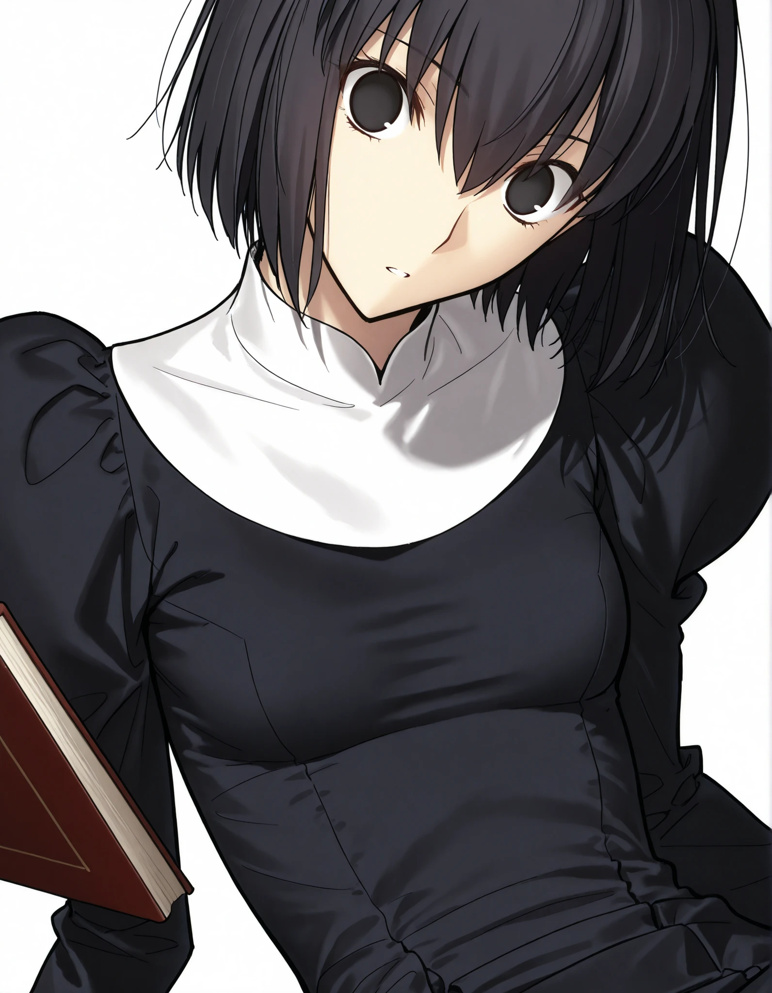 masterpiece, , absurdres, highres, detailed background, high resolution, necessary, detail, best quality, quality, details, High details, Precise, 8k, (flat color),(white background, simple background) , from above, upper body shot,(),
1girl, solo, (type-moon,) style, koyama hirokazu style, (aged up:1.2) ,sitting, (),(head tilt),(), wide-eyed, hold book,
tall girl, ,long arms,(slim body, ),<lora:alice kuonji:1> , <lora:witch on the holy night style:1> ,kuonji alice ,black hair ,short hair ,hair between eyes ,black eyes, , (no pupil), , Alice_Uniform, black dress, long sleeves, juliet sleeves, habit, ,looking at viewer, small breasts, ,