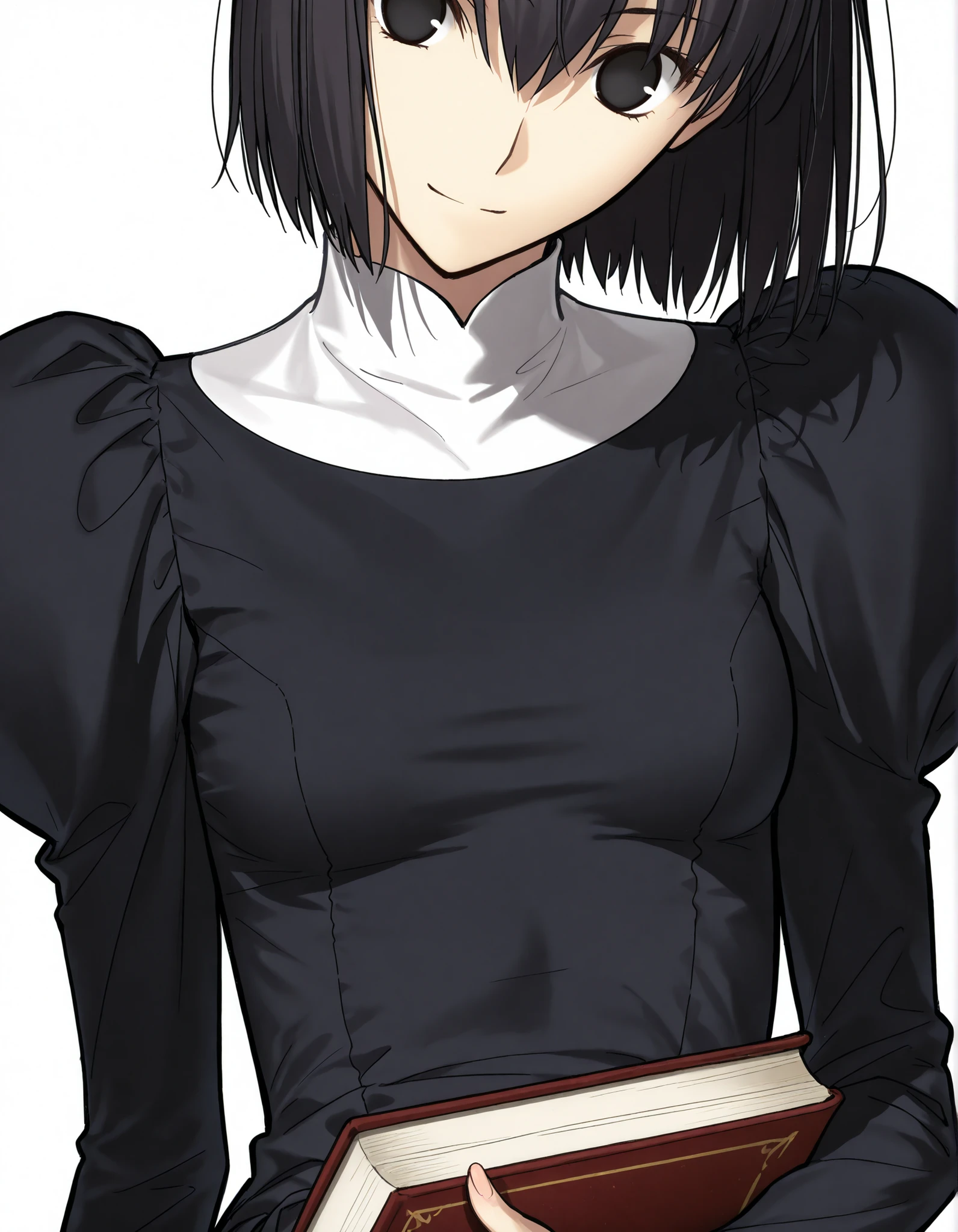 masterpiece, , absurdres, highres, detailed background, high resolution, necessary, detail, best quality, quality, details, High details, Precise, 8k, (flat color),(white background, simple background) , from above, upper body shot,(),
1girl, solo, (type-moon,) style, koyama hirokazu style, (aged up:1.2) ,sitting, (),(head tilt),(), light smile, hold book, ,
tall girl, ,long arms,(slim body, ),<lora:alice kuonji:1> , <lora:witch on the holy night style:1> ,kuonji alice ,black hair ,short hair ,hair between eyes ,black eyes, , (no pupil), , Alice_Uniform, black dress, long sleeves, juliet sleeves, habit, ,looking at viewer, small breasts, ,