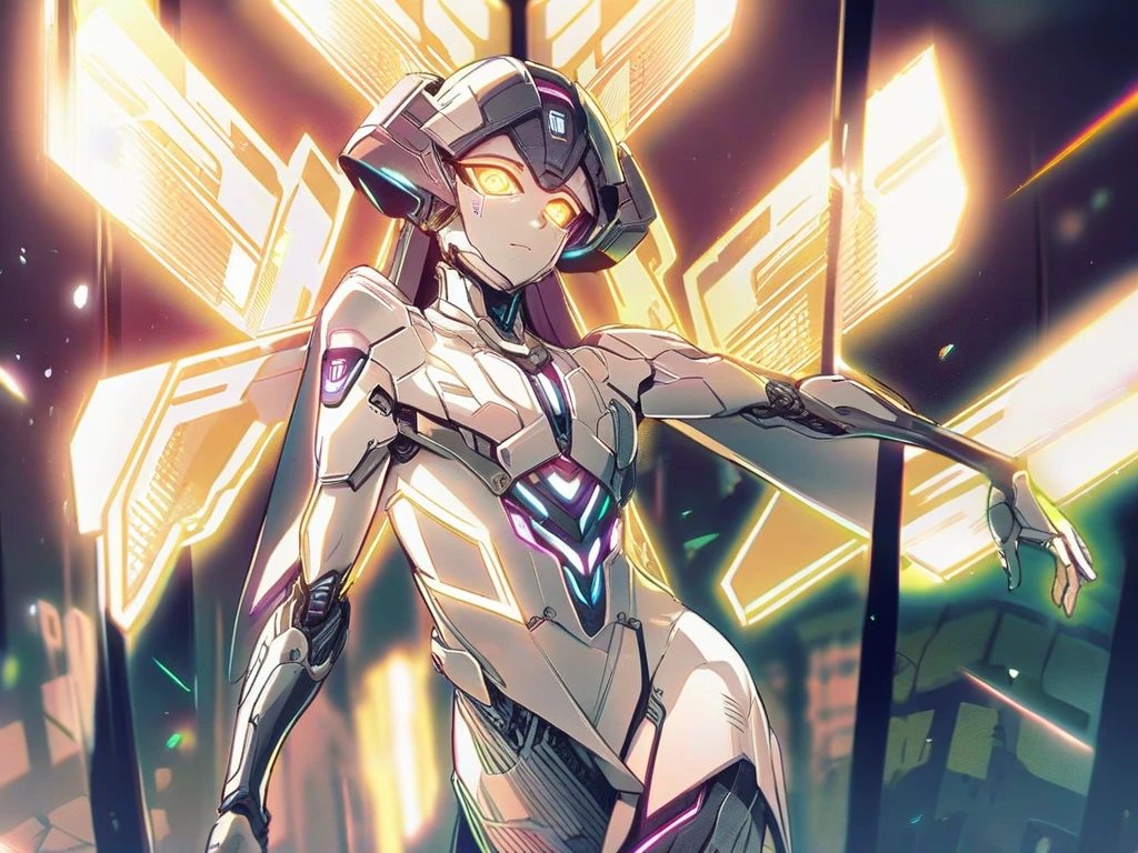 Robot woman, appearing, robotic , lights, close up,