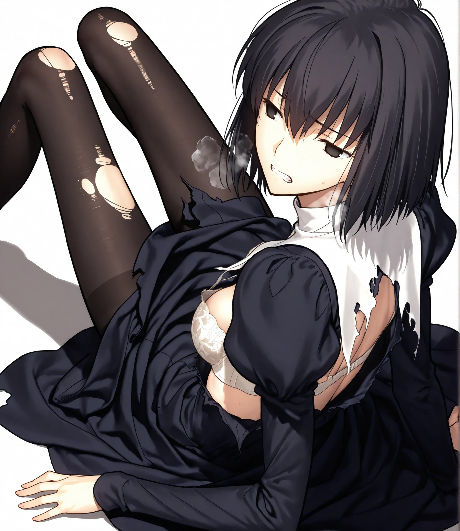 masterpiece, , absurdres, highres, detailed background, high resolution, necessary, detail, best quality, quality, details, High details, Precise, 8k, (),(white background, simple background) , (from above), cowboy shot,
1girl, solo, (type-moon,) style, koyama hirokazu style, (aged up:1.2) , ,((hip on ground)),(head tilt),((knees up)), ((heavy breath)),
tall girl, ,long arms,(slim body, ),<lora:alice kuonji:1> , <lora:witch on the holy night style:1> ,kuonji alice ,black hair ,short hair ,hair between eyes ,black eyes, (no pupil), half-shut eyes, Alice_Uniform, black dress, long sleeves, juliet sleeves, habit ,(pale bra slip) ,black pantyhose, ,looking away, looking back, medium breasts, ((torn clothes)), ((painful)),clenched teeth,