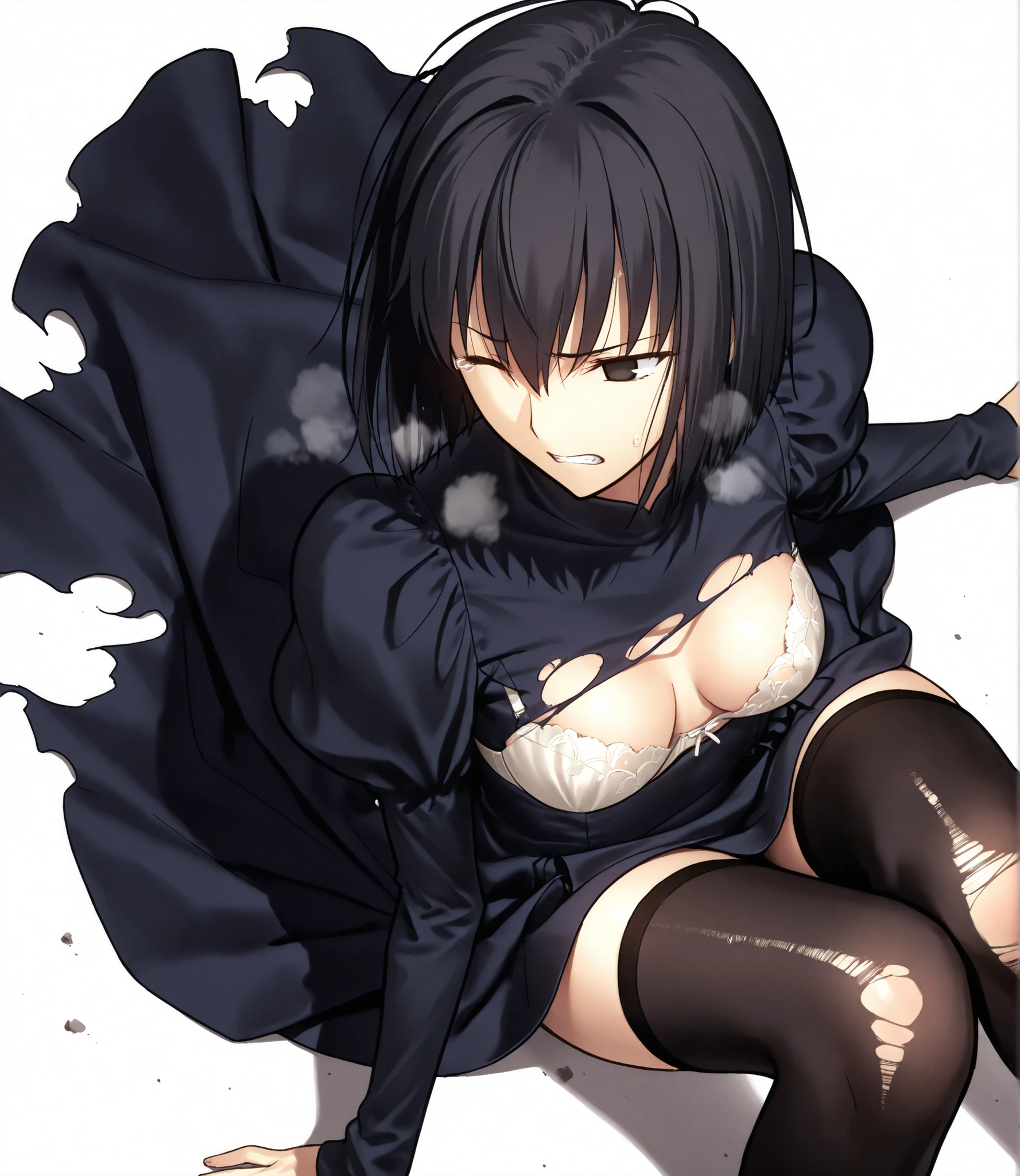 masterpiece, , absurdres, highres, detailed background, high resolution, necessary, detail, best quality, quality, details, High details, Precise, 8k, (),(white background, simple background) , (from above), cowboy shot,
1girl, solo, (type-moon,) style, koyama hirokazu style, (aged up:1.2) , ,((hip on ground)),(head tilt),((knees up)), ((heavy breath)),
tall girl, ,long arms,(slim body, ),<lora:alice kuonji:1> , <lora:witch on the holy night style:1> ,kuonji alice ,black hair ,short hair ,hair between eyes ,black eyes, (no pupil), half-shut eyes, Alice_Uniform, black dress, long sleeves, juliet sleeves, habit ,(pale bra slip) ,black pantyhose, ,looking away, looking back, medium breasts, ((torn clothes)), ((wince ,painful)),clenched teeth, (zettai_ryouiki),