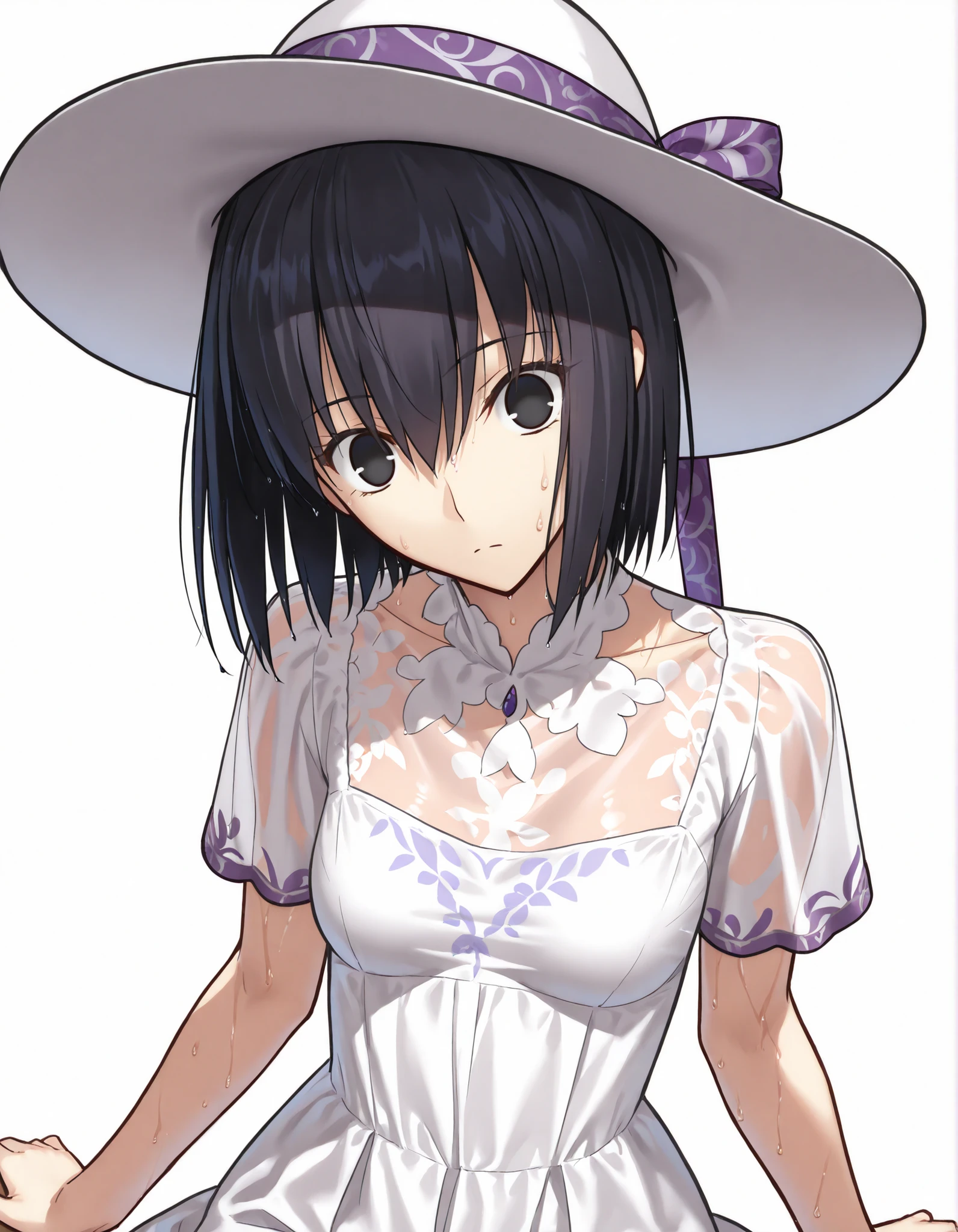 masterpiece, , absurdres, highres, detailed background, high resolution, necessary, detail, best quality, quality, details, High details, Precise, 8k, (),(white background, simple background) , from above, upper body shot,(),
1girl, solo, (type-moon,) style, koyama hirokazu style, (aged up:1.2) ,sitting, (),(head tilt),(), wide-eyed, wet body,
tall girl, ,long arms,(slim body, ),<lora:alice kuonji:1> , <lora:witch on the holy night style:1> ,kuonji alice ,black hair ,short hair ,hair between eyes ,black eyes, , (no pupil), ,((( Alice_Asc2, sundress, see-through, short sleeves, white hat, hat ribbon, purple ribbon ,see-through))), ,looking at viewer, small breasts, ,