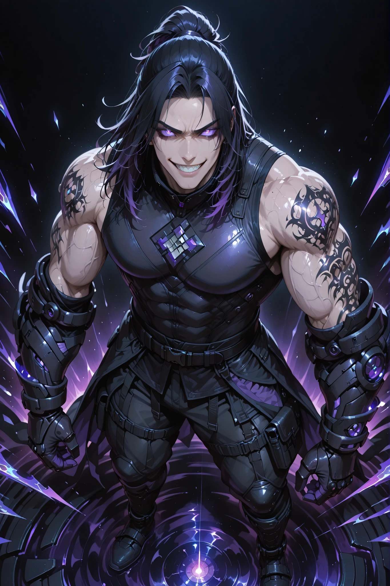 anime man,gauntlets,Anime-style full body shot from above, showing a tall, handsome, and extremely muscular adult man with Asian skin and a fierce, sharp grin. handsome modern male hairstyle violet black hair, fading into deep violet, and his glowing violet eyes. He wears a sleeveless black combat top with purple accents and tight-fitting black combat pants etched with purple lines. His massive reinforced black purple gauntlets and tall black purple reinforced boots glow with pulsing violet energy veins. Dark violet tattoos streak across his body, glowing faintly.
Random battle pose. Black mist and distorted light twist around him, the ground beneath faintly cracking from the pressure. Simple black background, cinematic lighting, anime style, ultra-detailed, radiating a cold, unstoppable black-purple gravity aura.