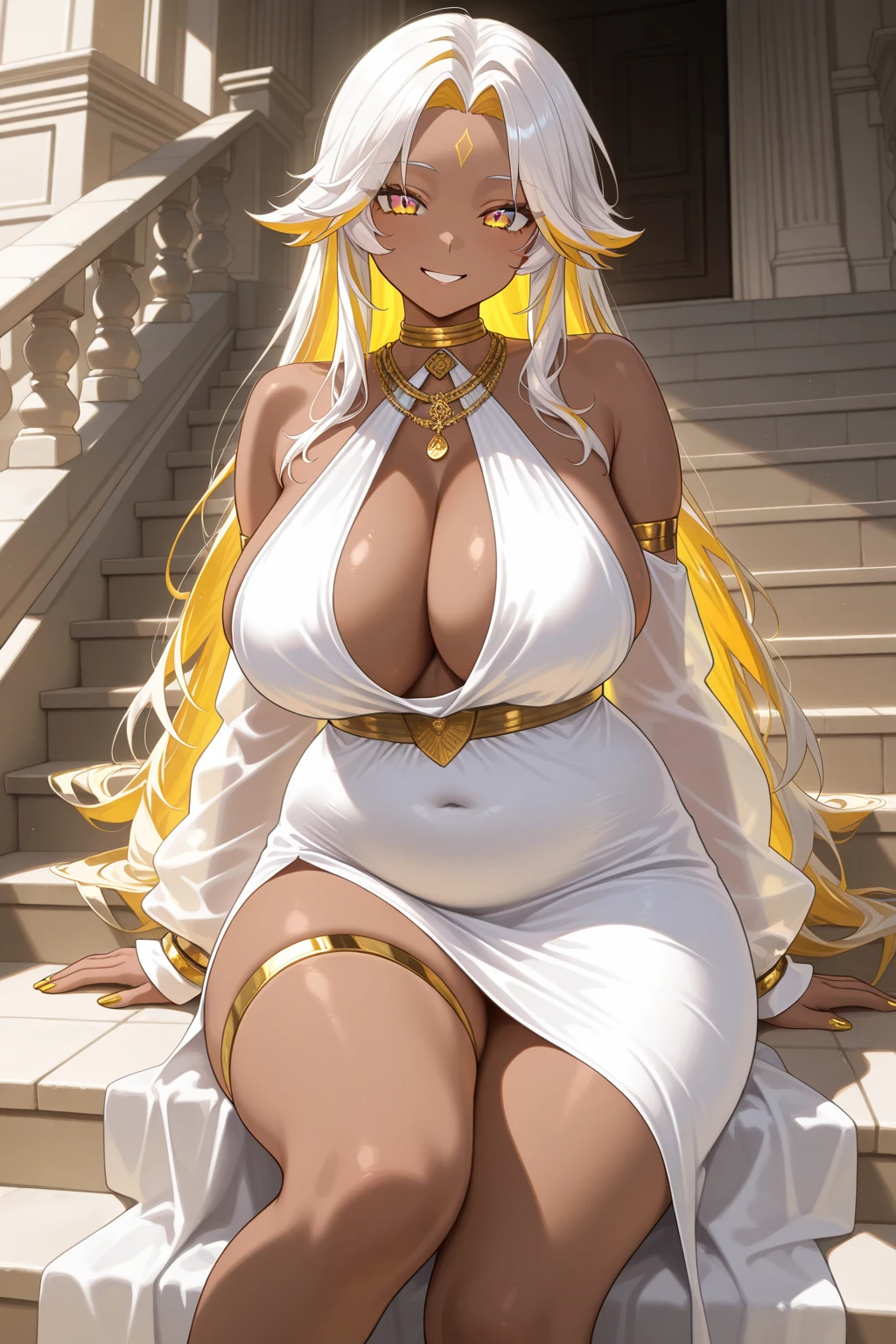 score_9, score_8_up, score_7_up, score_6_up, score_5_up, score_4_up, solo, ancient fantasy pregnant priestess, free flowing long white hair, long fluffy side locks, hair tubes, big thick full lips, ((pouted lips)), blue eyes, ((squinting soulful eyes)), colored eye shadow, ((mature woman)), ((full body)), (()), sexy, , alluring, pleasant expression, pelvic string white curtain, gold bracelets and necklaces, ((body jewelry)), , (((gigantic breasts))), ((sagging breasts)), big , ((huge pregnant belly)), wide hips, thick thighs, huge ass, ancient fashion, glowing backlight, glitter, whimsical, enchanted, magical, intricate details, detailed background, sharp focus, ((inside of ancient dragon temple)), ancient fantasy mountain ruins, ((watercolour))