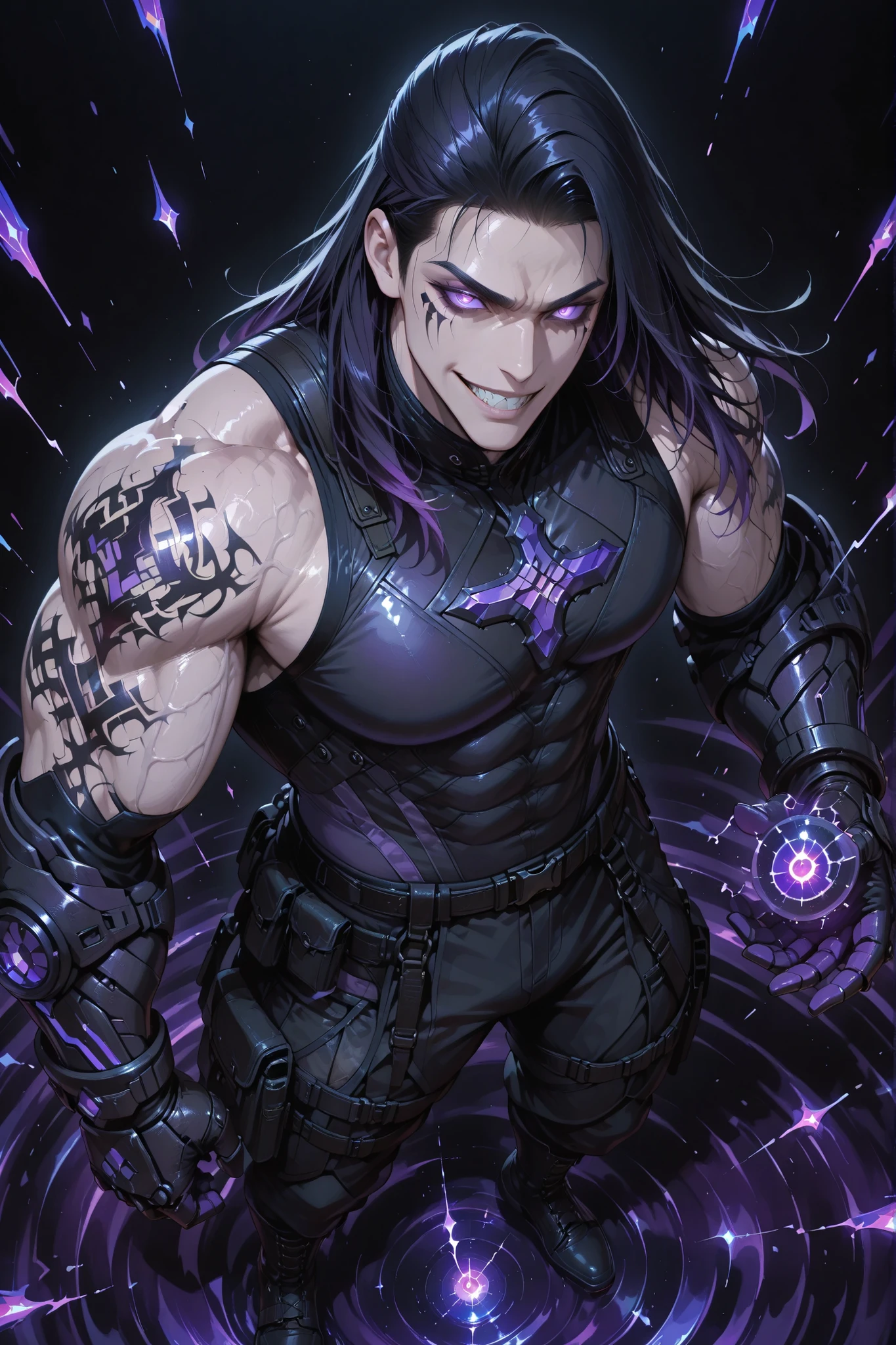 anime man,gauntlets,Anime-style full body shot from above, showing a tall, handsome, and extremely muscular adult man with Asian skin and a fierce, sharp grin. handsome modern male hairstyle violet black hair, fading into deep violet, and his glowing violet eyes. He wears a sleeveless black combat top with purple accents and tight-fitting black combat pants etched with purple lines. His massive reinforced black purple gauntlets and tall black purple reinforced boots glow with pulsing violet energy veins. Dark violet tattoos streak across his body, glowing faintly.
Random battle pose. Black mist and distorted light twist around him, the ground beneath faintly cracking from the pressure. Simple black background, cinematic lighting, anime style, ultra-detailed, radiating a cold, unstoppable black-purple gravity aura.