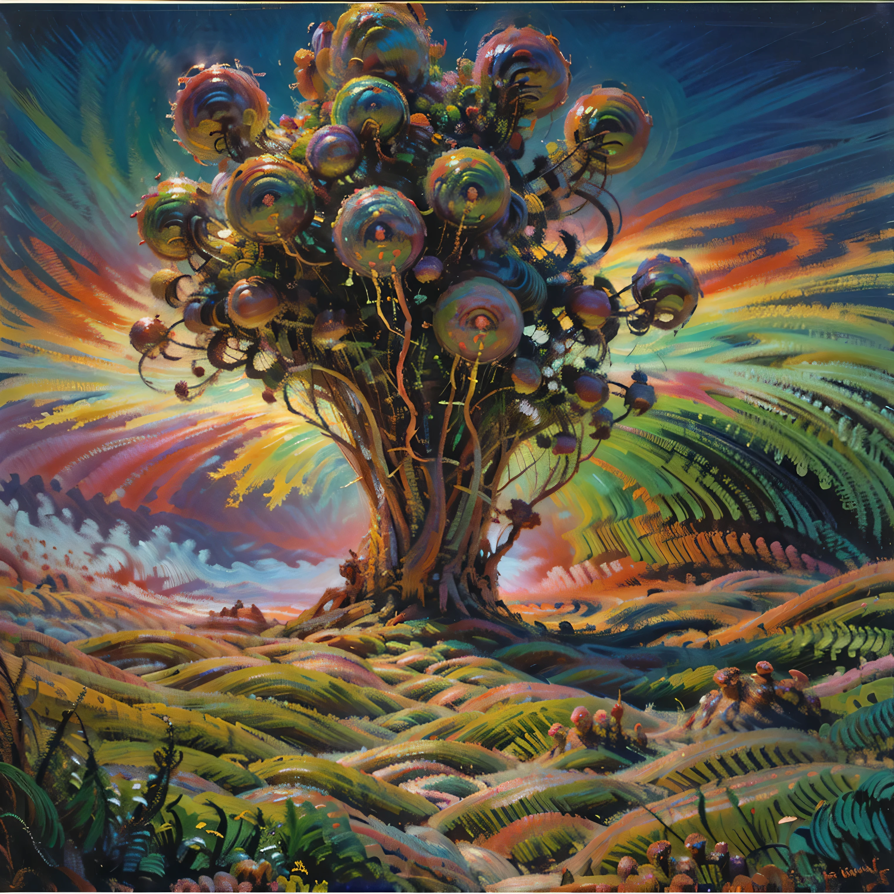 A surreal scene unfolds with an oil painting in an explosive burst of vibrant color in the form of a heart at the center of the artwork. The heart appears as a color fantasy and a dynamic fusion of swirling hues, including neon pinks, blues, and purples, creating a mesmerizing focal point. Around the heart are colorful clouds that are adhering to it, almost looking like the clouds are attempting to take it away. Behind this are more colorful clouds in the sky. Beneath this is a background showcasing a fantastical landscape bathed in psychedelic colors, featuring rolling hills and a sun-like orb setting or rising on the horizon, casting an ethereal glow. Darker elements provide contrast, enhancing the luminosity of the bright colors. The composition overall evokes a sense of passion, energy, and transformation, blending elements of abstraction with the imagery of nature and cosmic phenomena in a captivating visual spectacle. A close up of a heart shaped with a colorful background, colorful explosion, explosion of colors, colourful explosion, an explosion of colors, explosion of color, psychedelic vibrant colors, magic heart, heart effects, trippy vibrant colors, love is begin of all, vibrant digital art, psychedelic digital art, color explosion, beautiful art uhd 4 k, colorful digital art