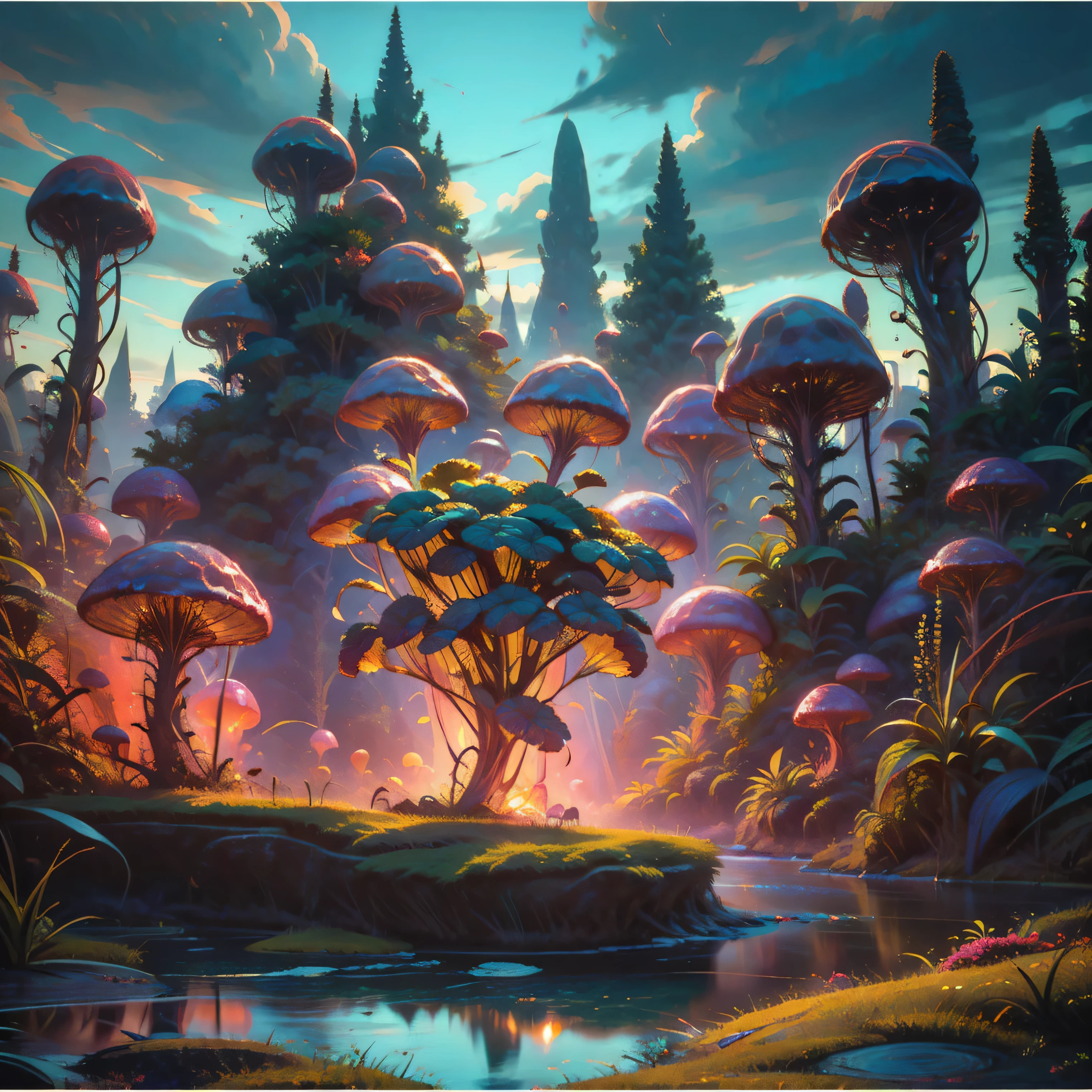 A surreal scene unfolds with an oil painting in an explosive burst of vibrant color in the form of a heart at the center of the artwork. The heart appears as a color fantasy and a dynamic fusion of swirling hues, including neon pinks, blues, and purples, creating a mesmerizing focal point. Around the heart are colorful clouds that are adhering to it, almost looking like the clouds are attempting to take it away. Behind this are darker colorful clouds in the sky. Beneath this is a background showcasing a fantastical landscape bathed in psychedelic colors, featuring rolling hills with strange otherworldly plants growing wild and a sun-like orb setting on the horizon casting an ethereal glow. Darker elements provide contrast, enhancing the luminosity of the bright colors. The composition overall evokes a sense of passion, energy, and transformation, blending elements of abstraction with the imagery of nature and cosmic phenomena in a captivating visual spectacle. A close-up of a heart-shaped with an explosion of color, psychedelic vibrant colors, magic heart, heart effects, tripped out vibrant colors, love is the beginning of all, vibrant oil paint art, psychedelic art, beautiful art.