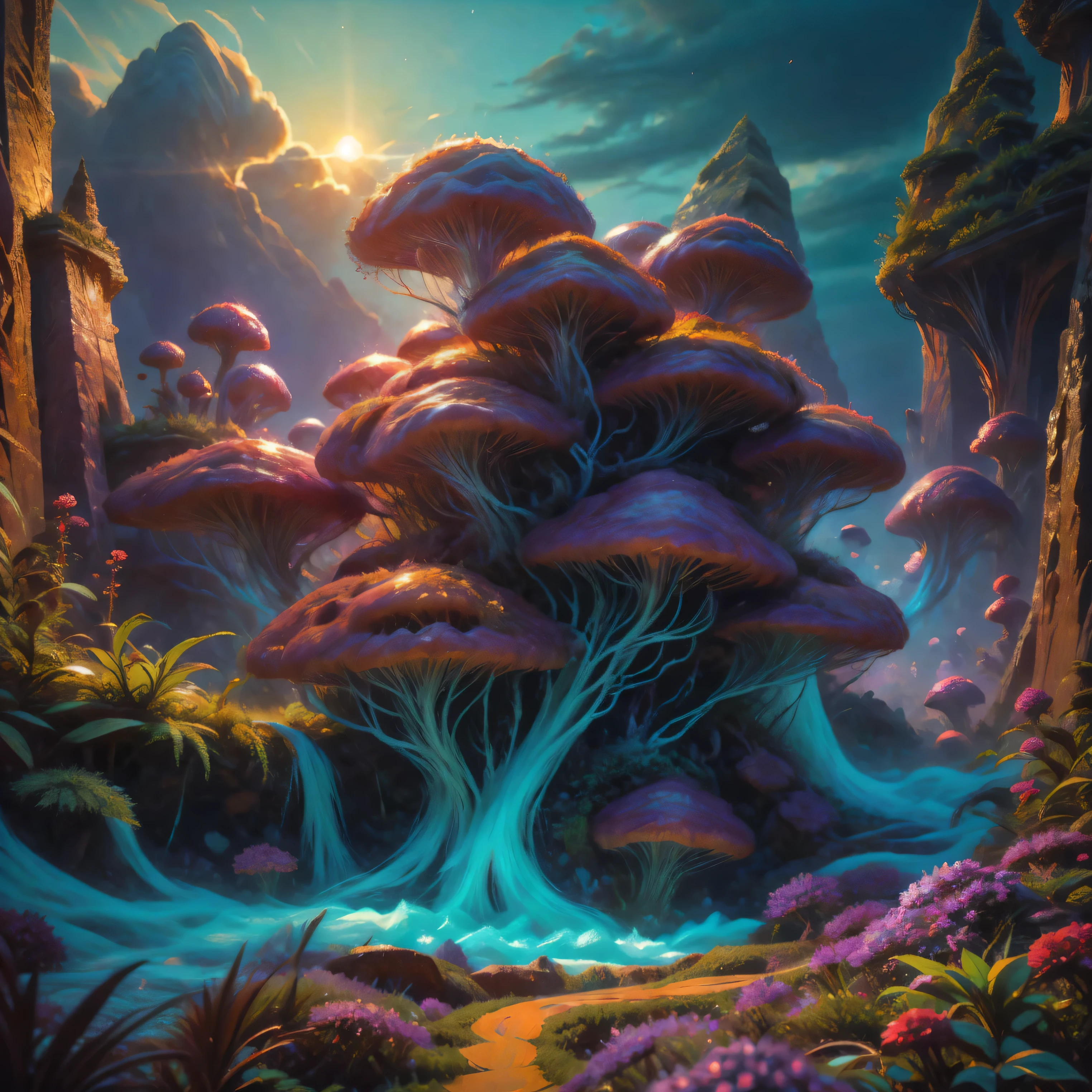 A surreal scene unfolds with an oil painting in an explosive burst of vibrant color in the form of a heart at the center of the artwork. The heart appears as a color fantasy and a dynamic fusion of swirling hues, including neon pinks, blues, and purples, creating a mesmerizing focal point. Around the heart are colorful clouds that are adhering to it, almost looking like the clouds are attempting to take it away. Behind this are darker colorful clouds in the sky. Beneath this is a background showcasing a fantastical landscape bathed in psychedelic colors, featuring rolling hills with strange otherworldly plants growing wild and a sun-like orb setting on the horizon casting an ethereal glow. Darker elements provide contrast, enhancing the luminosity of the bright colors. The composition overall evokes a sense of passion, energy, and transformation, blending elements of abstraction with the imagery of nature and cosmic phenomena in a captivating visual spectacle. A close-up of a heart-shaped with an explosion of color, psychedelic vibrant colors, magic heart, heart effects, tripped out vibrant colors, love is the beginning of all, vibrant oil paint art, psychedelic art, beautiful art.