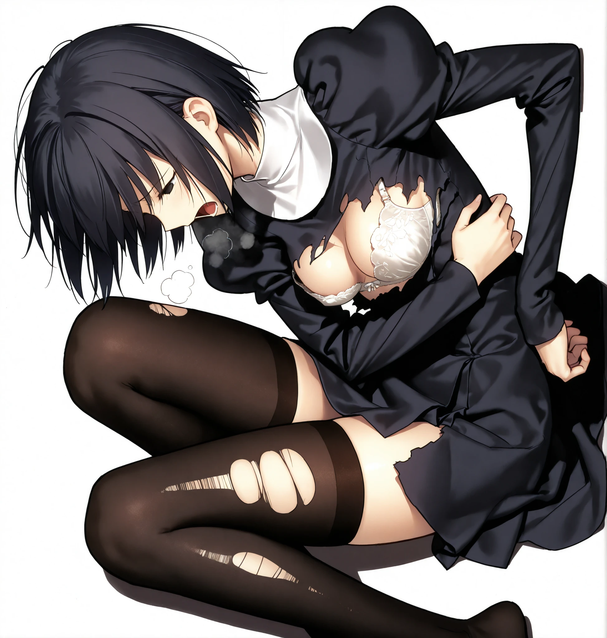 masterpiece, , absurdres, highres, detailed background, high resolution, necessary, detail, best quality, quality, details, High details, Precise, 8k, (),(white background, simple background) , (from above, from aide), ((side view)), cowboy shot,
1girl, solo, (type-moon,) style, koyama hirokazu style, (aged up:1.2) , ,((hip on ground)),(head down),((knees up)), ((heavy breath)),
tall girl, ,long arms,(slim body, ),<lora:alice kuonji:1> , <lora:witch on the holy night style:1> ,kuonji alice ,black hair ,short hair ,hair between eyes ,black eyes, (no pupil), half-shut eyes, Alice_Uniform, black dress, long sleeves, juliet sleeves, habit ,(pale bra slip) ,black pantyhose, ,looking down, medium breasts, ((torn clothes)), ((wince ,painful)),screaming, (zettai_ryouiki), arm under breasts,,