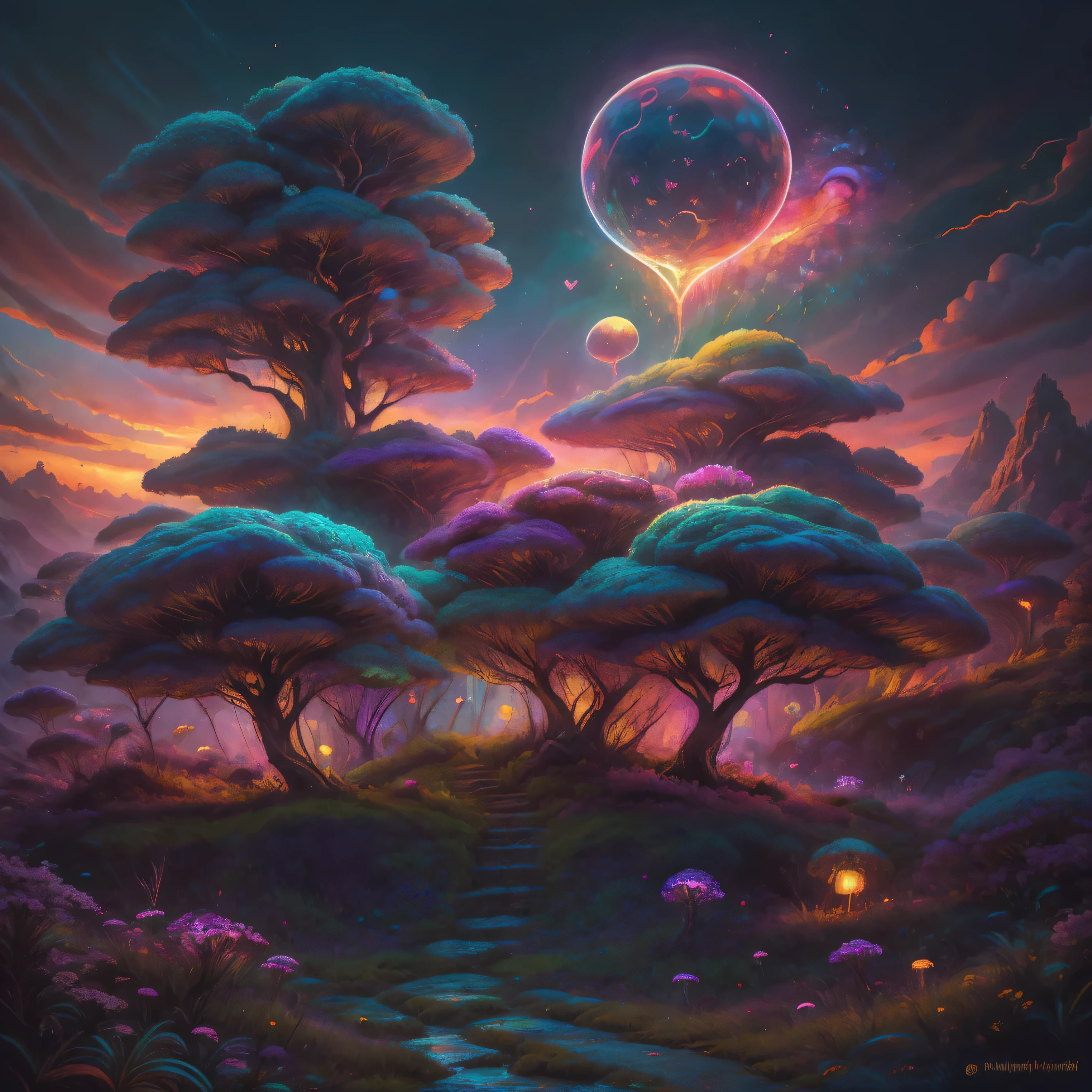 A surreal scene unfolds with an oil painting in an explosive burst of vibrant color in the form of a heart at the center of the artwork. The heart appears as a color fantasy and a dynamic fusion of swirling hues, including neon pinks, blues, and purples, creating a mesmerizing focal point. Around the heart are colorful clouds that are adhering to it, almost looking like the clouds are attempting to take it away. Behind this are darker colorful clouds in the sky. Beneath this is a background showcasing a fantastical landscape bathed in psychedelic colors, featuring rolling hills with strange otherworldly plants growing wild and a sun-like orb setting on the horizon casting an ethereal glow. Darker elements provide contrast, enhancing the luminosity of the bright colors. The composition overall evokes a sense of passion, energy, and transformation, blending elements of abstraction with the imagery of nature and cosmic phenomena in a captivating visual spectacle. A close-up of a heart-shaped with an explosion of color, psychedelic vibrant colors, magic heart, heart effects, tripped out vibrant colors, love is the beginning of all, vibrant oil paint art, psychedelic art, beautiful art.