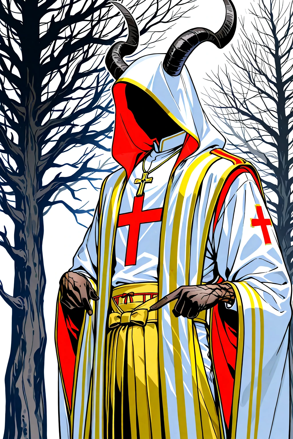A cult leader standing behind an altar. He is dressed in tattered black robes and wears a ceremonial mask. His robes have blood stains and he wields a chain in each hand