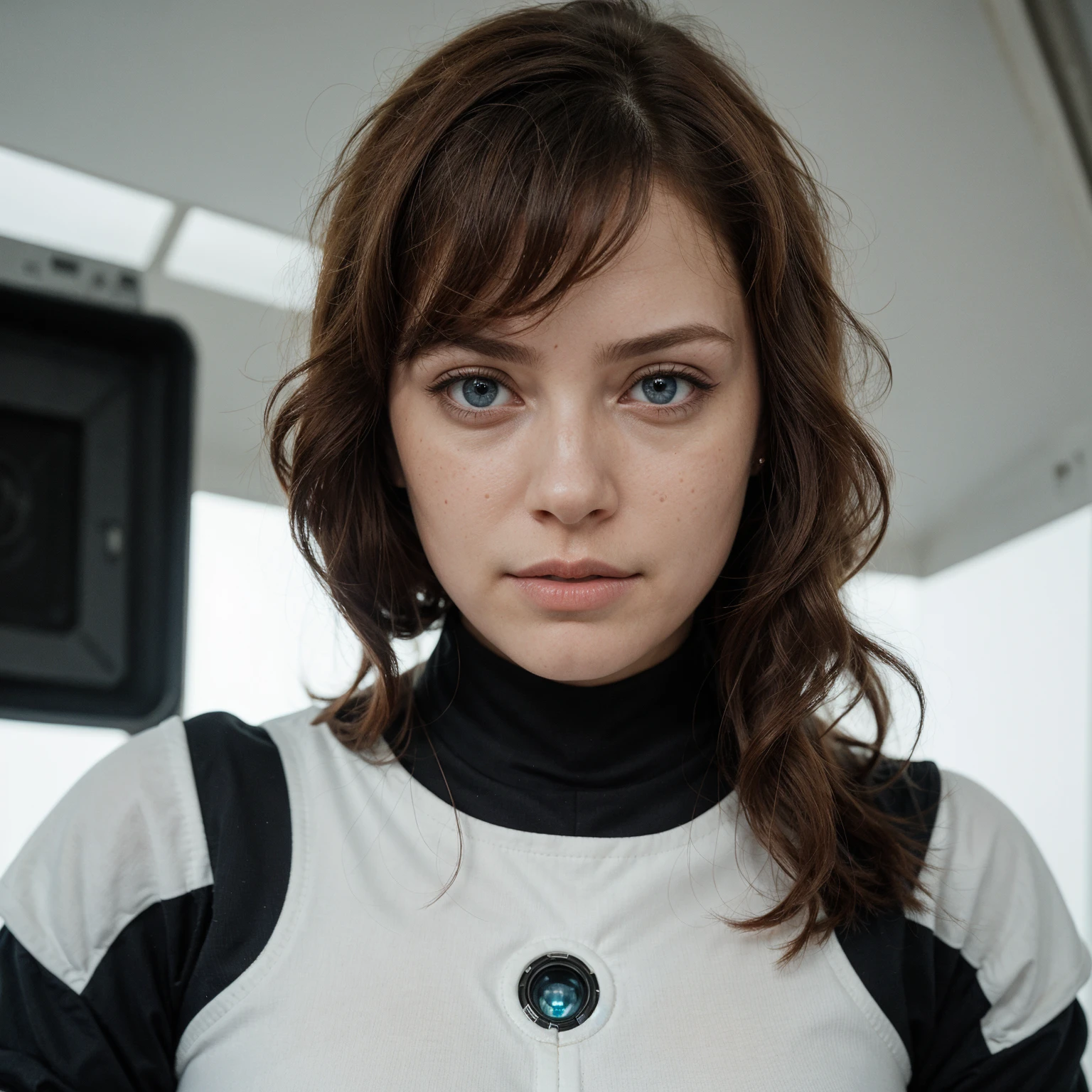 Linda Ronstadt photo of a ginger woman, in space, futuristic space suit, (freckles:0.8) cute face, sci-fi, dystopian, detailed eyes, blue eyes