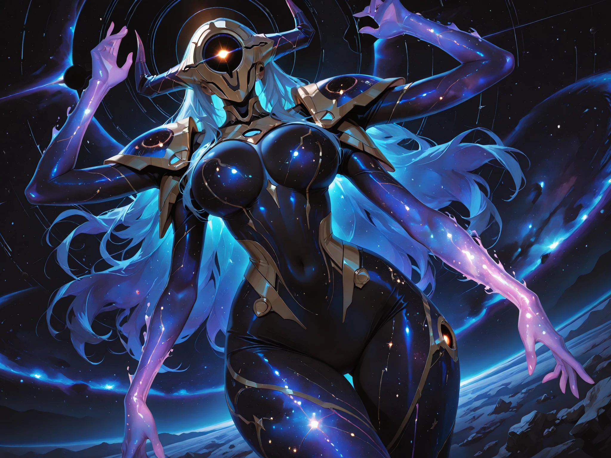 masterpiece,best quality,amazing quality,highres,absurdres,very_awa, masterpiece, best quality, newest, absurdres, highres, beautiful, detailed background, beautiful woman, mature, divine female creature space nebula and covered in stars, faceless, black hole head, glowing translucent arms, extra arms, shoulder pads, altshaped, fake horns, streamlined design, masterpiece,best quality,amazing quality, dutch angle, wide hips, thick thighs, large breasts, heavy bottom, mature, souce_anime, (((cosmic body)))