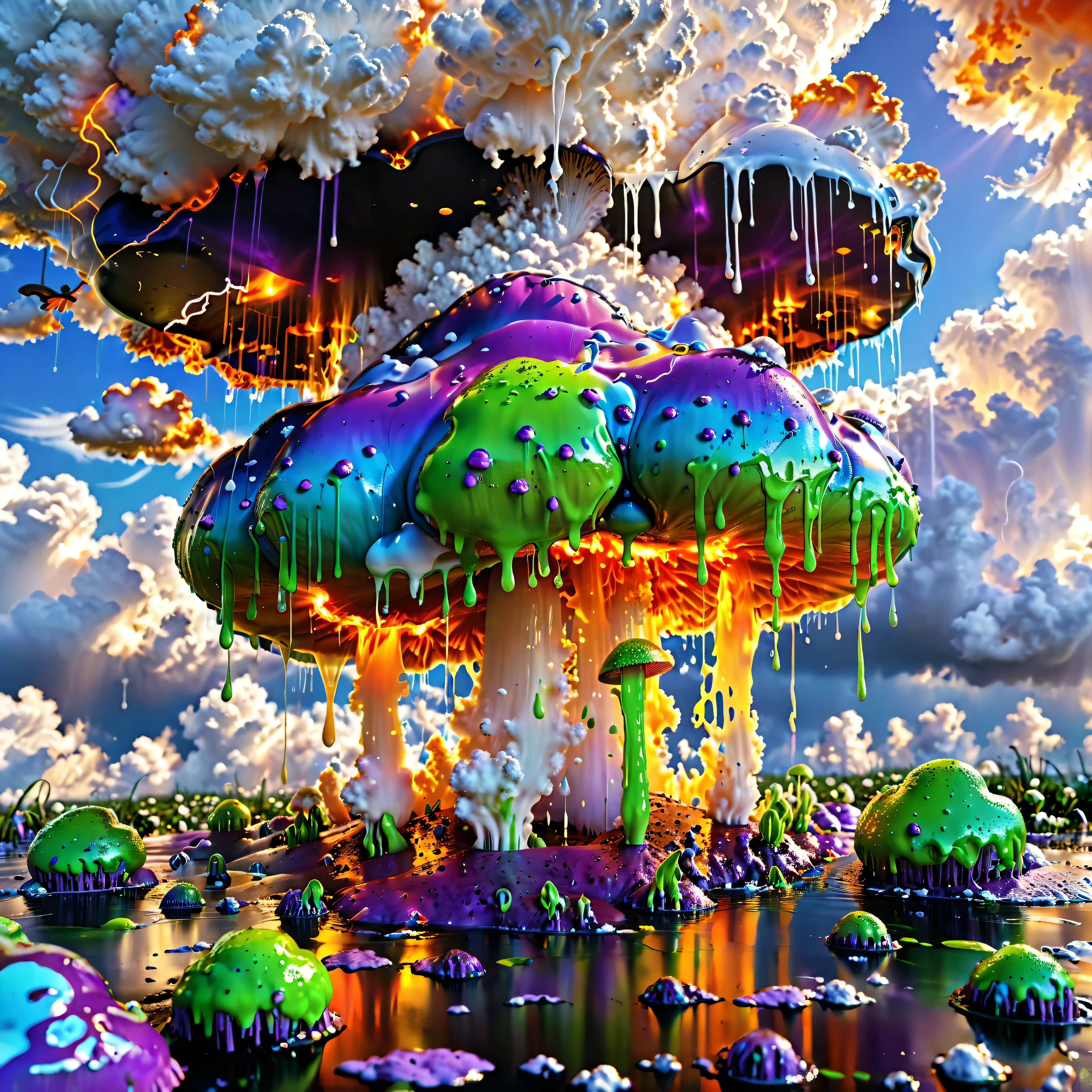Ultra-realistic, photo-realistic, ultra-detailed, bright vibrant colors, 3D rendered realism, an electric blue sky with doubled mushroom clouds of light lime green  in front of white cumulus clouds partially covering a super bright orange and burnt orange sun with tiny fragments of purple in it. Bright slime green liquid pours out of the mushroom clouds and drips into the waters below it. 