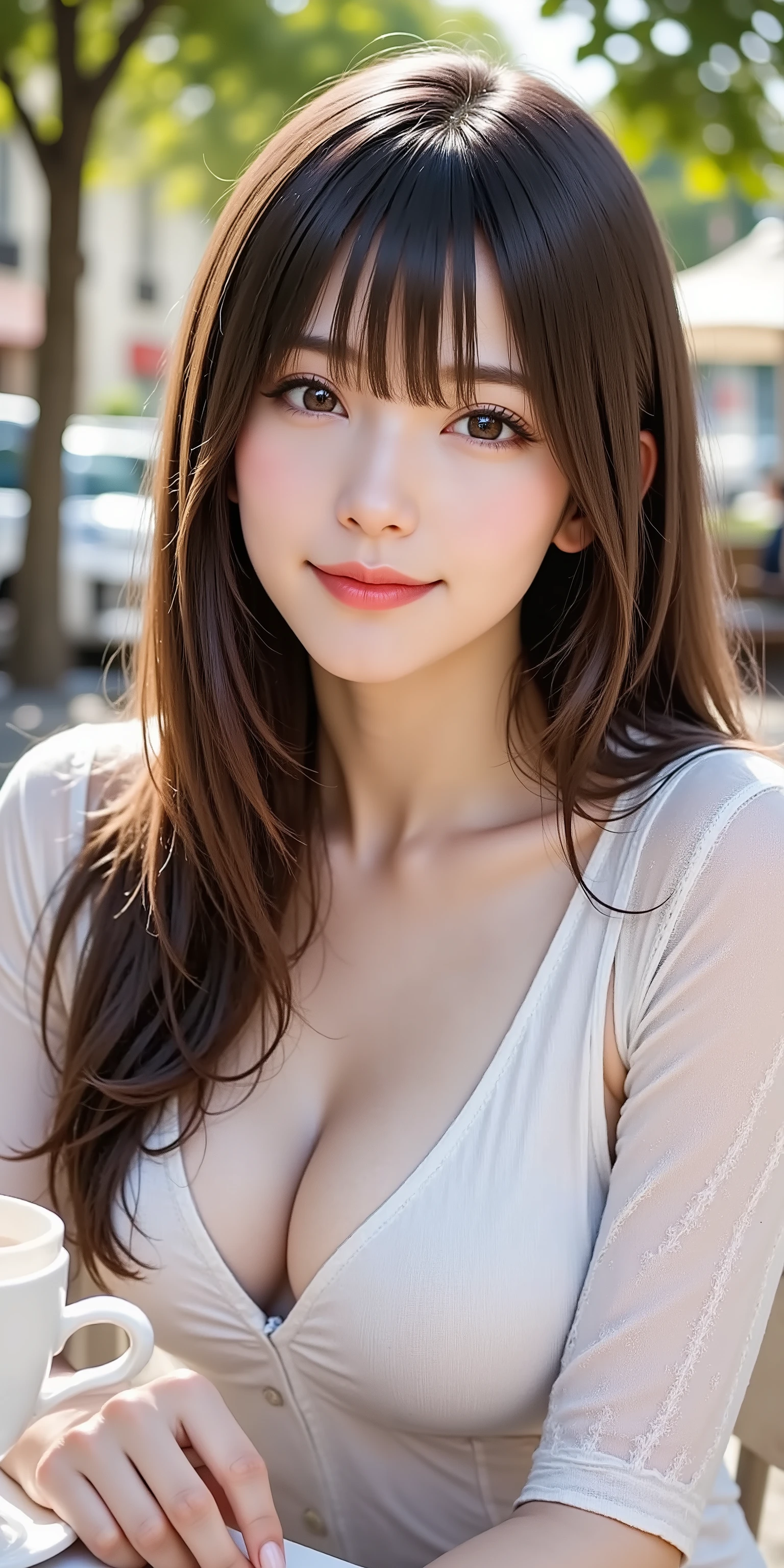 A realistic, eye-level medium shot of an attractive Japanese woman in her 30s with elegant long black hair. She has natural makeup and is looking directly at the viewer with a gentle, relaxed smile. She is wearing a chic, comfortable everyday outfit, perhaps a stylish knit top and tailored trousers, sitting at an outdoor cafe terrace under soft sunlight. Her beautifully manicured hand is casually holding a coffee cup or resting on the table, fingers slightly parted, with all five fingers visible in a graceful manner.