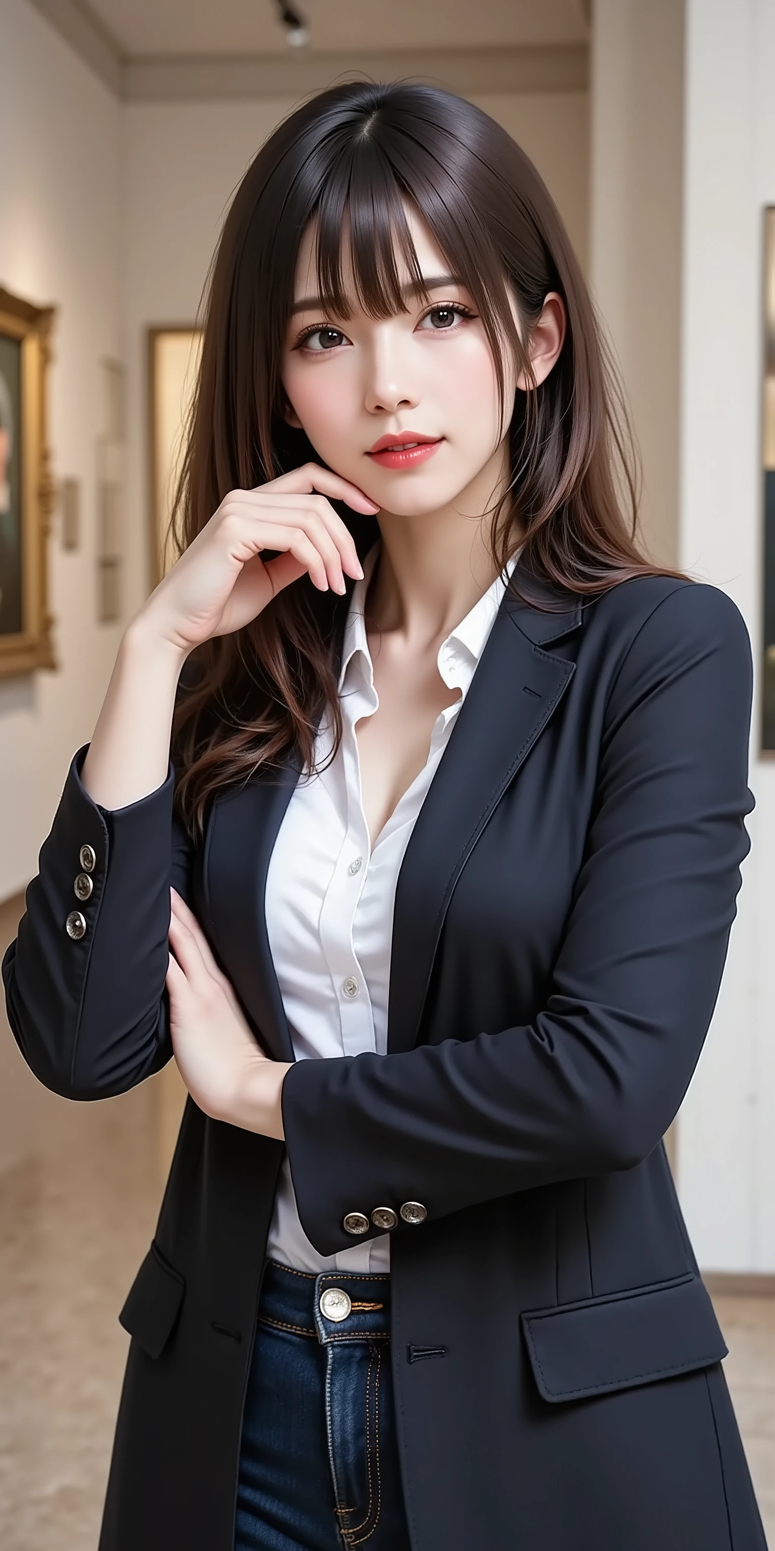 A photorealistic, upper-thigh-up portrait of a sophisticated woman in her 30s. She has sleek long black hair, natural makeup, and an intelligent, calm expression as she gazes into the camera. She is clad in a smart casual ensemble, such as a well-fitting blazer over a simple blouse and dark jeans. She is standing in a modern art gallery, with soft, diffused lighting. Her elegantly manicured hand is thoughtfully touching her chin or arm, fingers subtly curled in a reflective gesture, with all five fingers clearly visible.