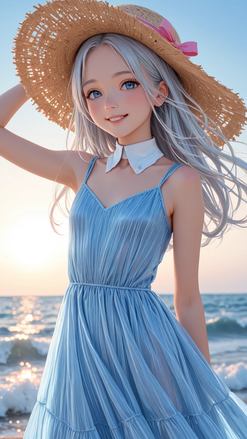 1 6-year-old girl,,Child with ,Back to Camera,Looking Back,Happy smile,Lovely complexion,blue eyes,Blue Hair,curls、Semi-long hair,flat ,Small ,Cute pink lips,Wear off-the-shoulder shirts,red scarf,Realistic illustration of her face,Realistic fingers,Charming Sketch,Smooth and shiny,hazy,Super Blanket Style,Sea background--ar 1:1--Niji 5--Style Expression--S 50,without make-up,She is so cute even without makeup