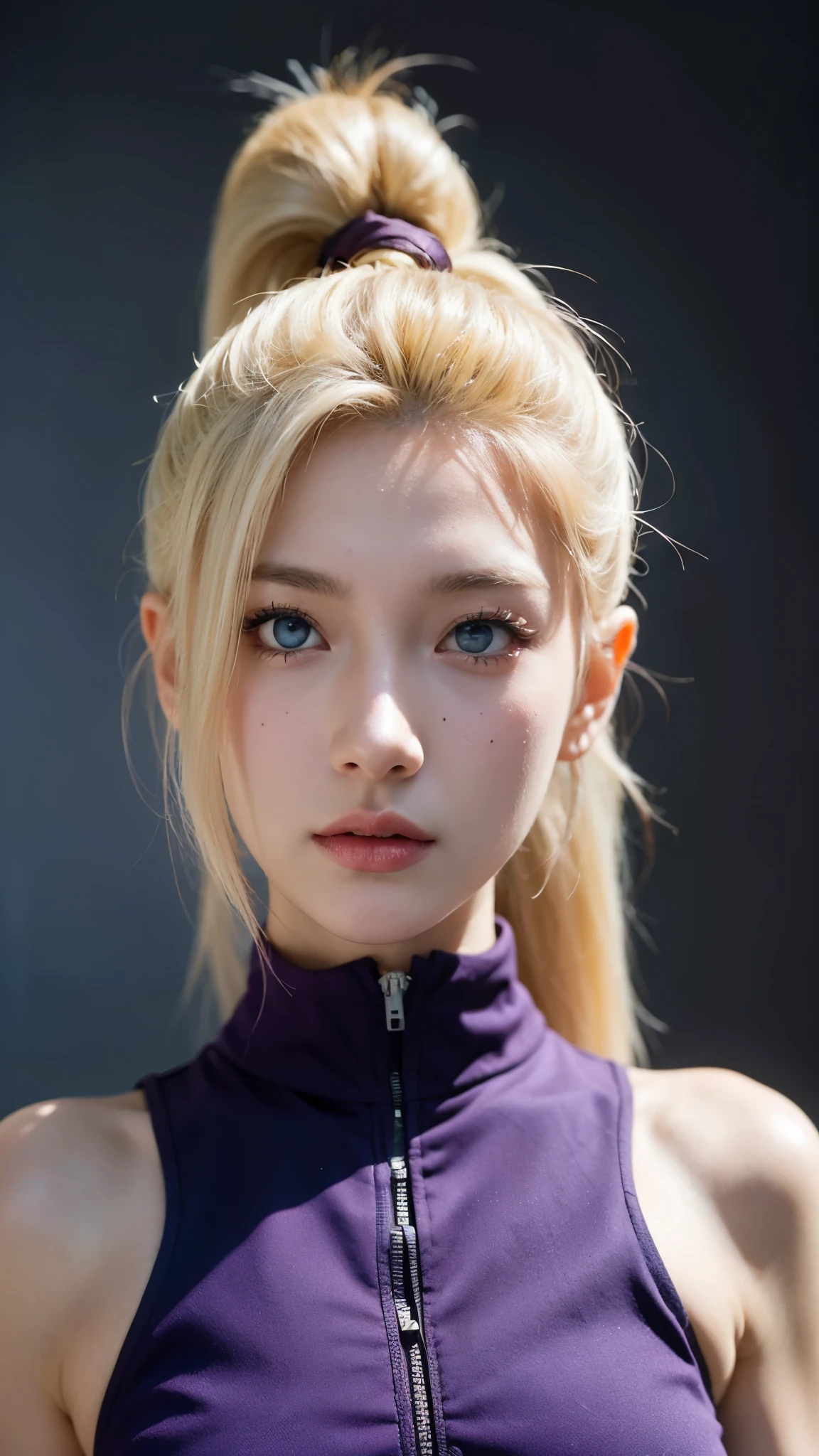 Yamanaka Ino from Naruto Shippuden, half-body portrait, ultra-realistic and highly detailed, HD quality. She has long platinum blonde hair tied in a high ponytail, bright blue eyes, and elegant facial features. Wearing her signature purple ninja outfit with mesh armor and Konoha forehead protector. Soft studio lighting, realistic skin texture, fine fabric details, cinematic background blur, photorealistic anime style, ultra HD, 8K, masterpiece