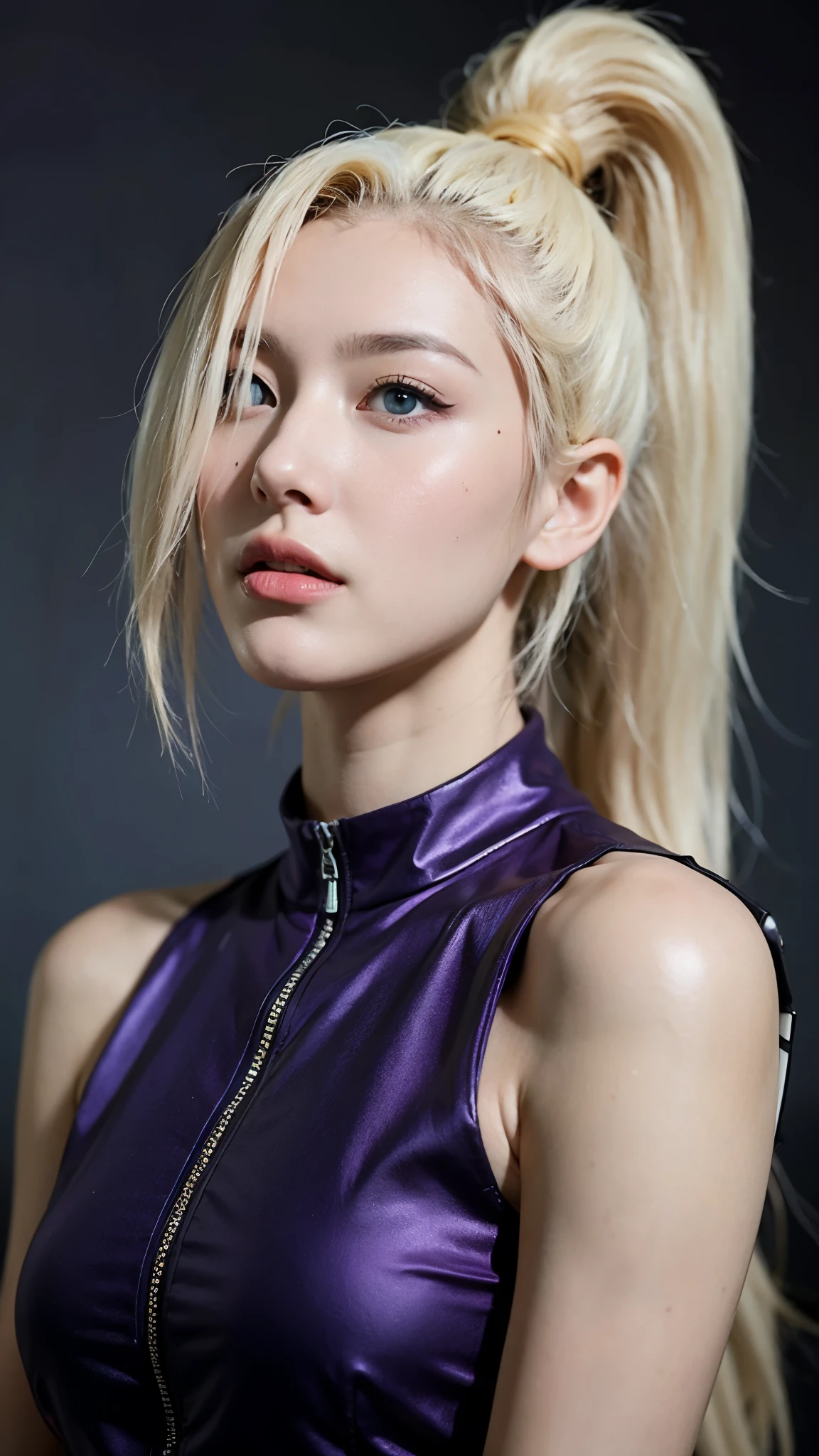 Yamanaka Ino from Naruto Shippuden, half-body portrait, ultra-realistic and highly detailed, HD quality. She has long platinum blonde hair tied in a high ponytail, bright blue eyes, and elegant facial features. Wearing her signature purple ninja outfit with mesh armor and Konoha forehead protector. Soft studio lighting, realistic skin texture, fine fabric details, cinematic background blur, photorealistic anime style, ultra HD, 8K, masterpiece